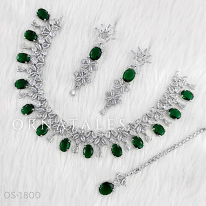 Emerald Green Diamond Cut Necklace Set featuring Imperial Drop Flora design with floral motifs and teardrop stones – Perfect for Bridal & Festive Look – Ornatales