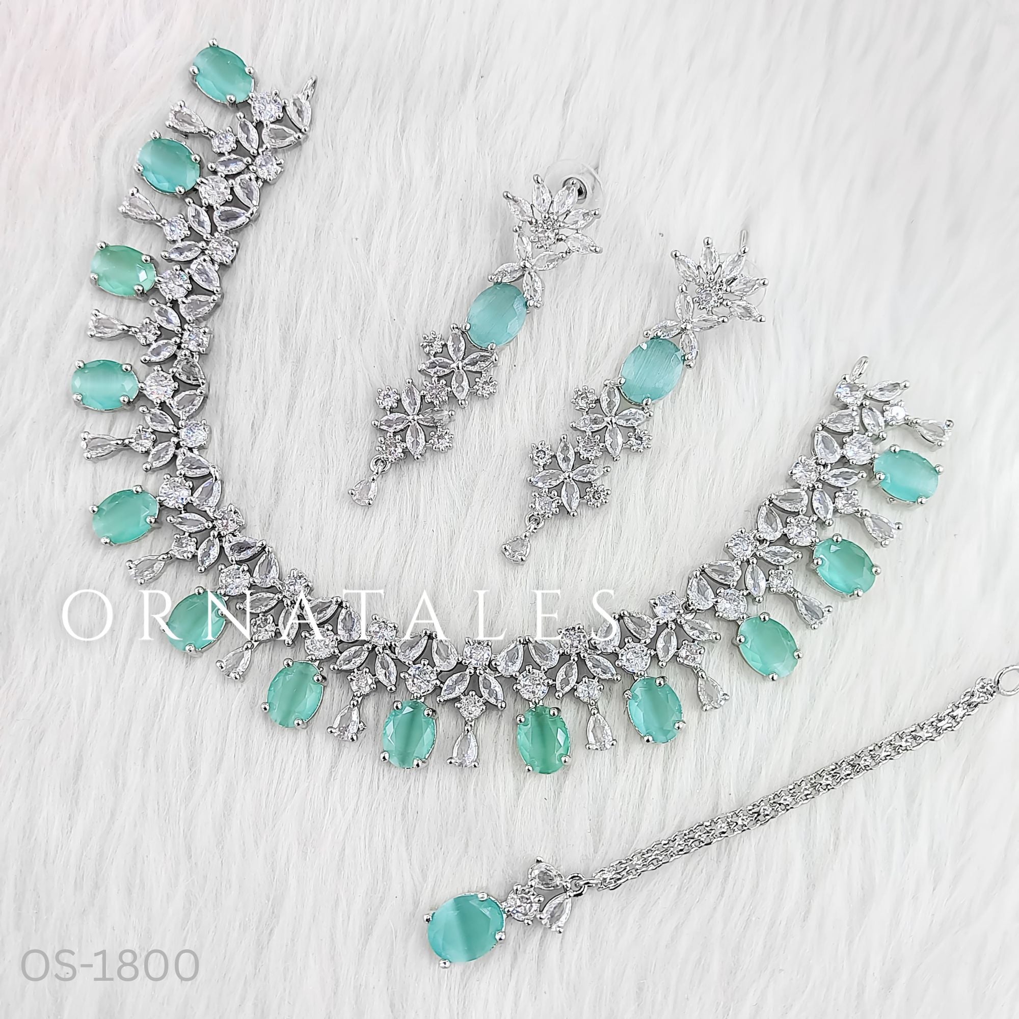 Mint Diamond Cut Necklace Set featuring Imperial Drop Flora design with floral motifs and teardrop stones – Perfect for Bridal & Festive Look – Ornatales