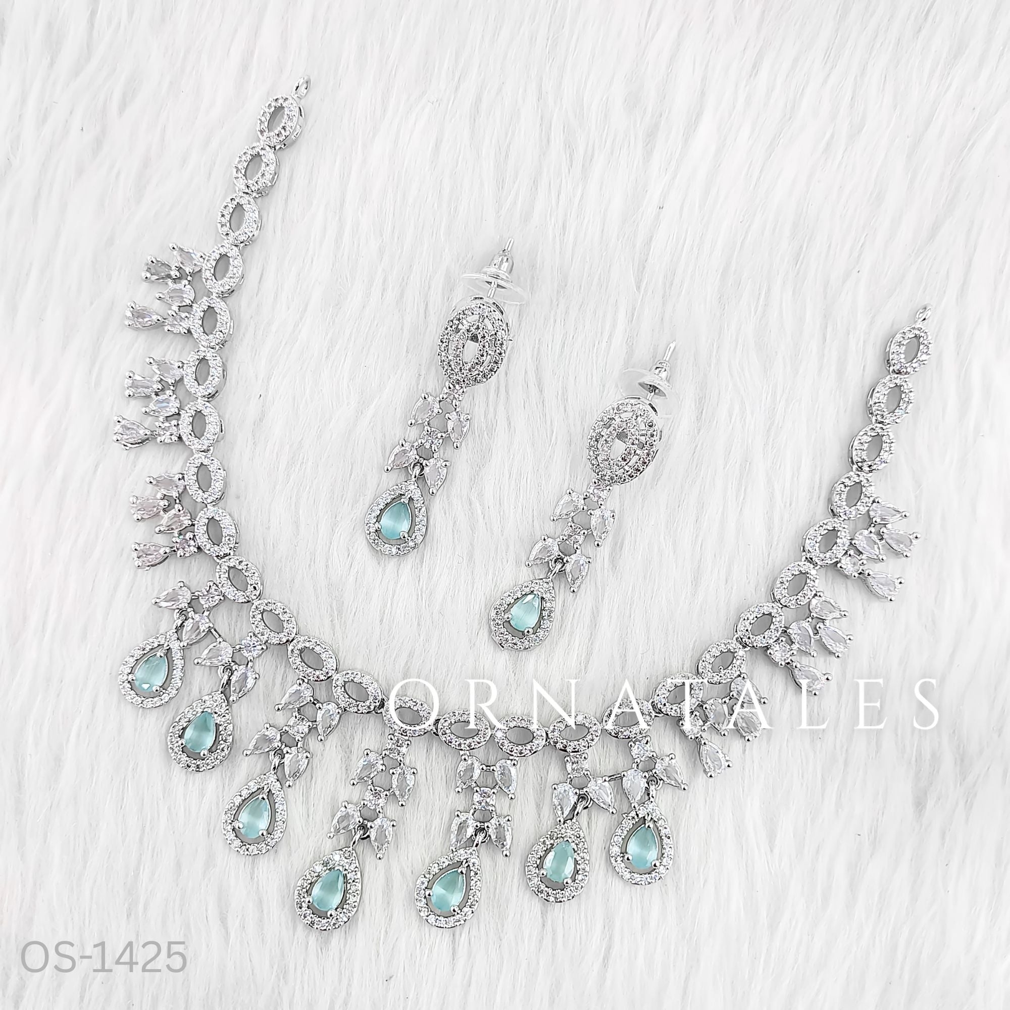Mint Diamond Cut Necklace Set featuring Regal Oval Blossom design with oval stones and diamond-cut floral clusters – Perfect for Bridal & Festive Look – Ornatales