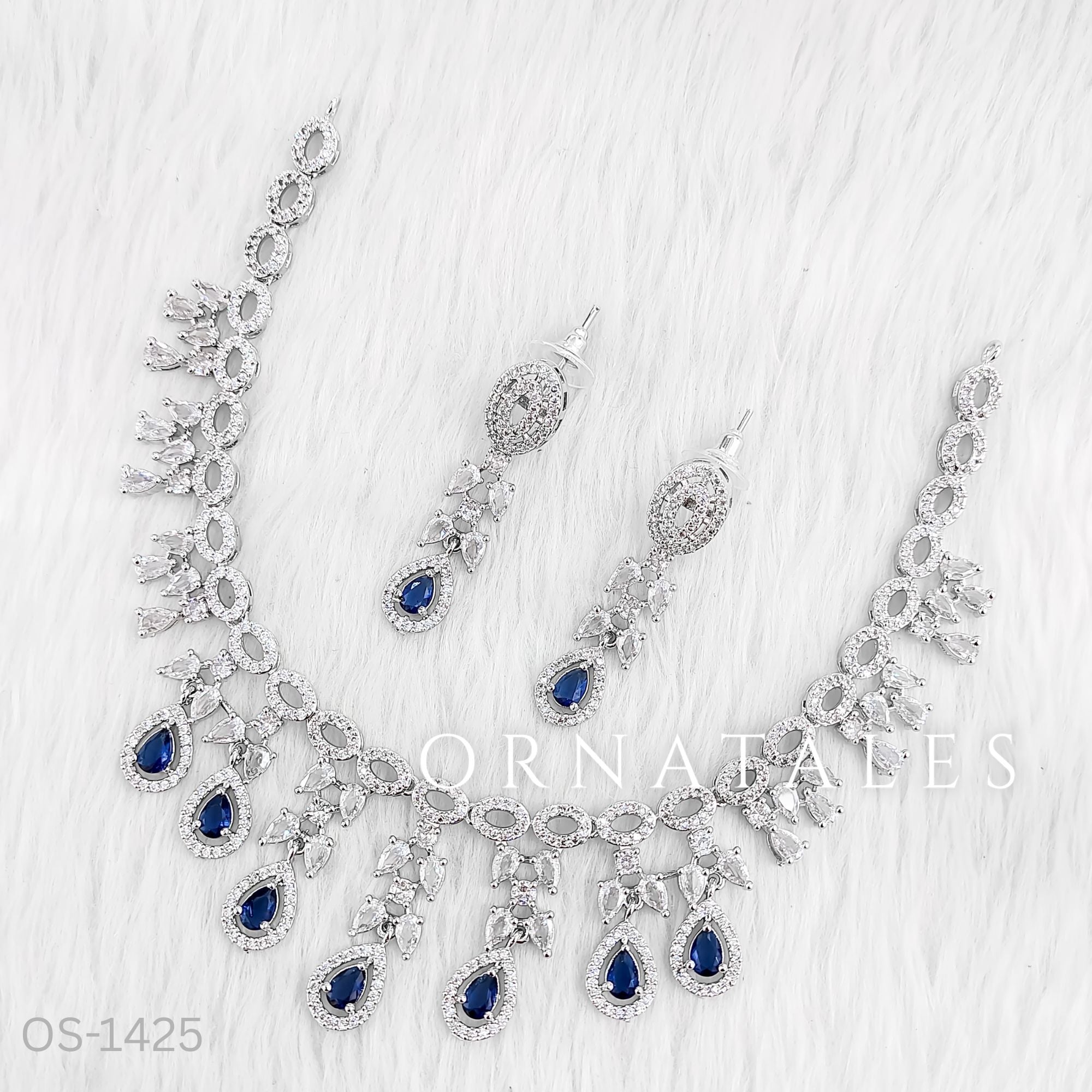 Royal Blue Diamond Cut Necklace Set featuring Regal Oval Blossom design with oval stones and diamond-cut floral clusters – Perfect for Bridal & Festive Look – Ornatales