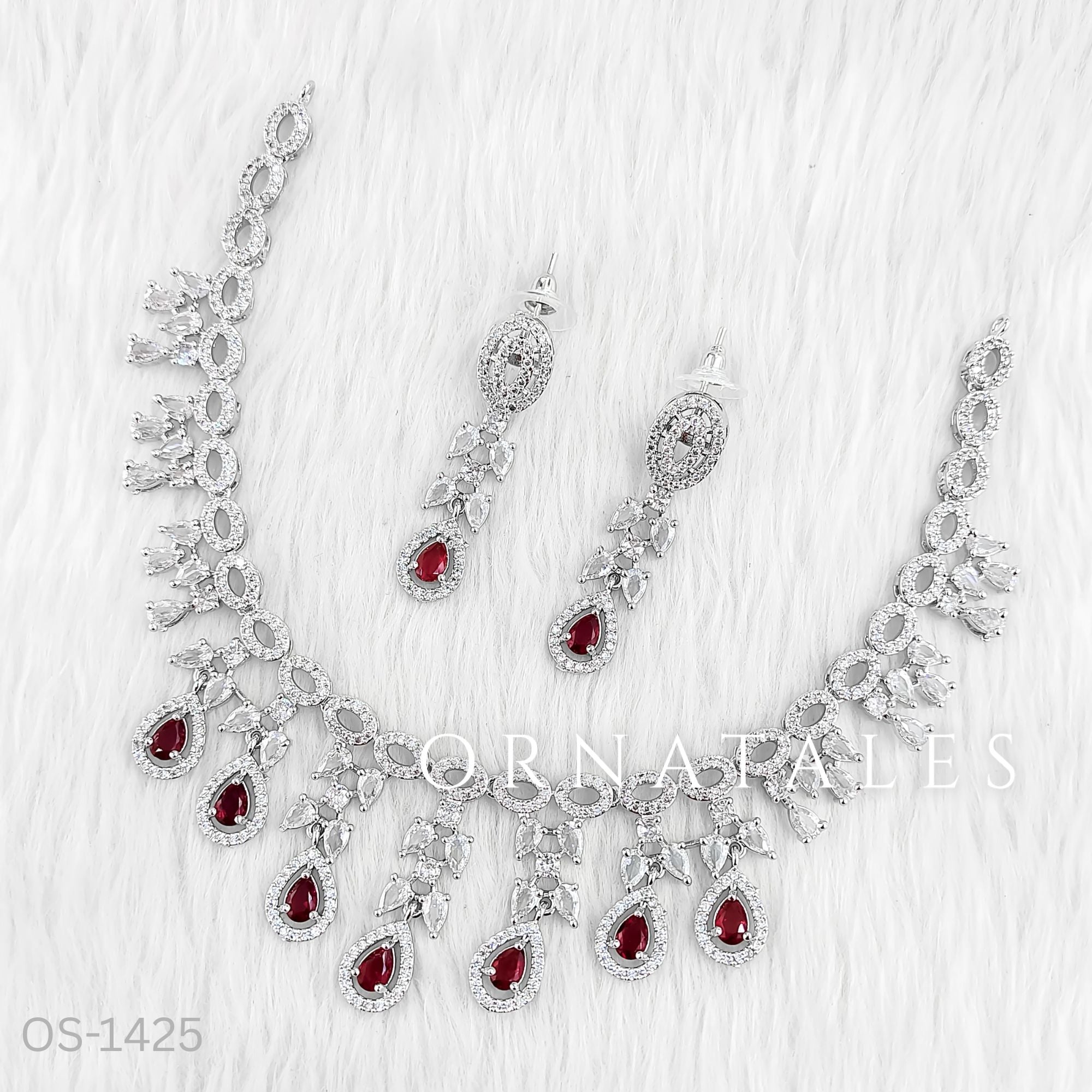 Ruby Red Diamond Cut Necklace Set featuring Regal Oval Blossom design with oval stones and diamond-cut floral clusters – Perfect for Bridal & Festive Look – Ornatales