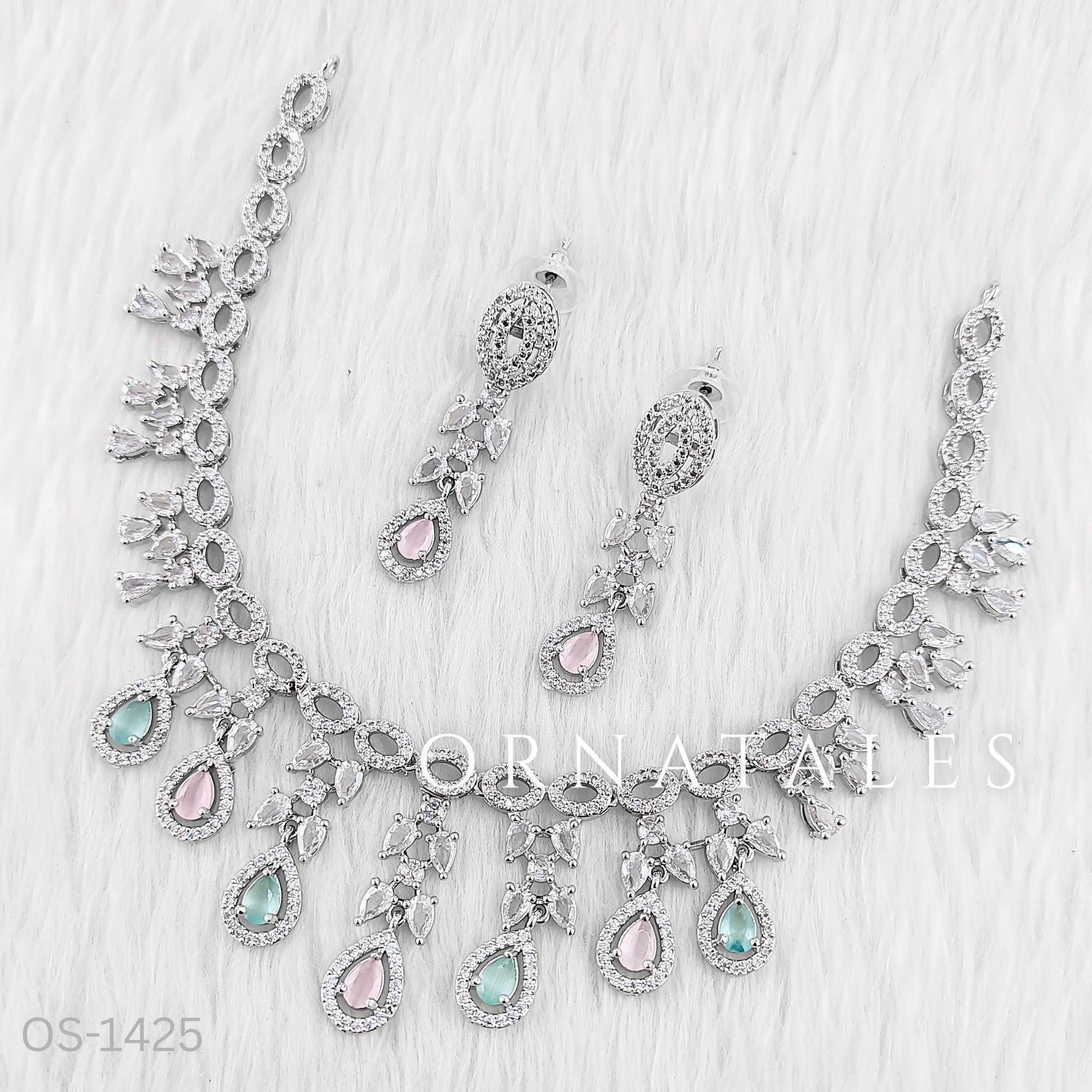 Pink & Mint Diamond Cut Necklace Set featuring Regal Oval Blossom design with oval stones and diamond-cut floral clusters – Perfect for Bridal & Festive Look – Ornatales
