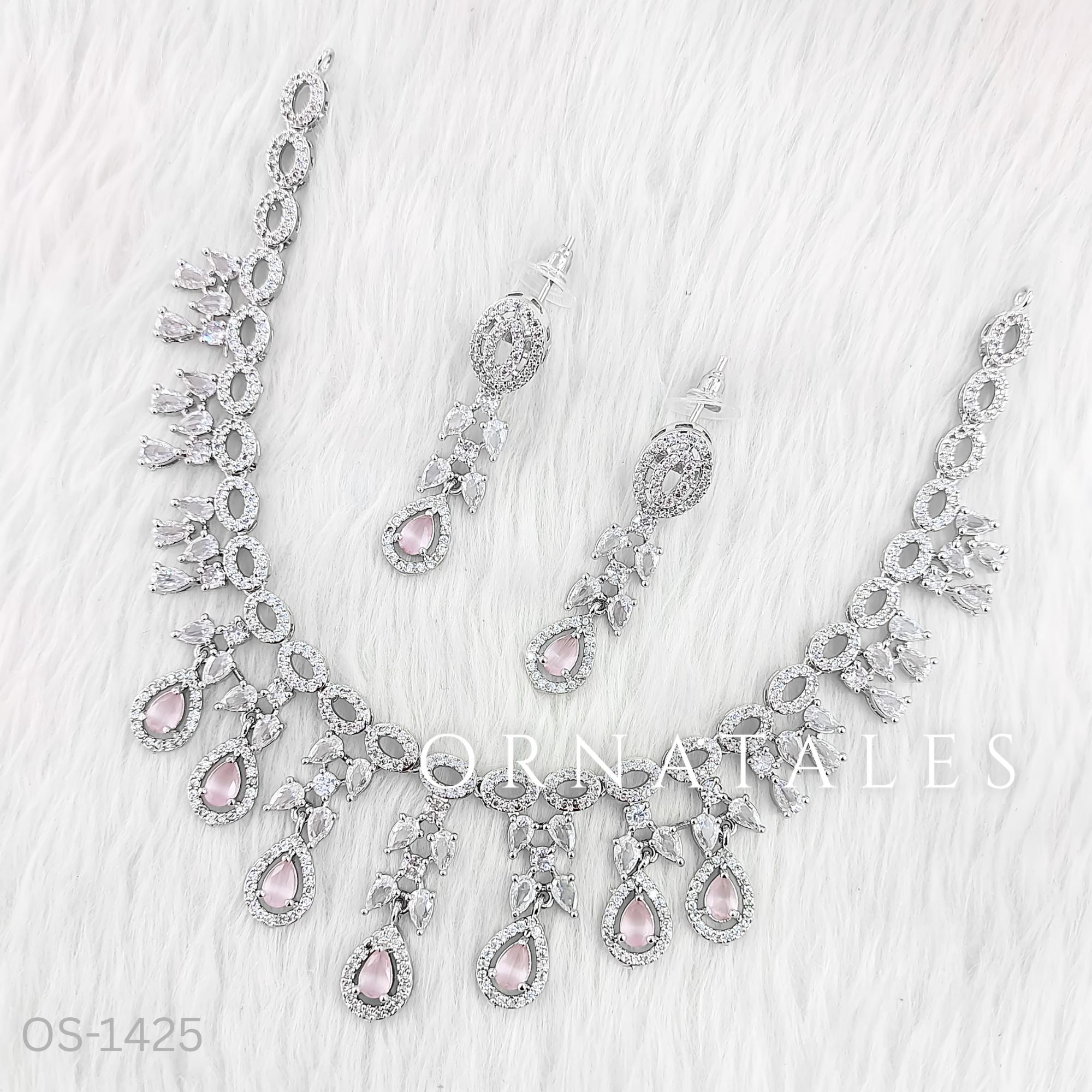 Pink Diamond Cut Necklace Set featuring Regal Oval Blossom design with oval stones and diamond-cut floral clusters – Perfect for Bridal & Festive Look – Ornatales