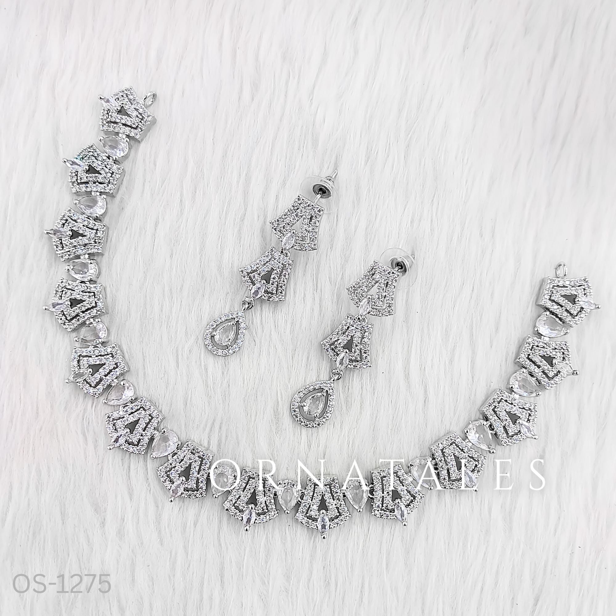 Crystal White Diamond Cut Necklace Set featuring Majestic Crown Cluster design with oval stones and geometric diamond clusters – Perfect for Bridal & Festive Look – Ornatales