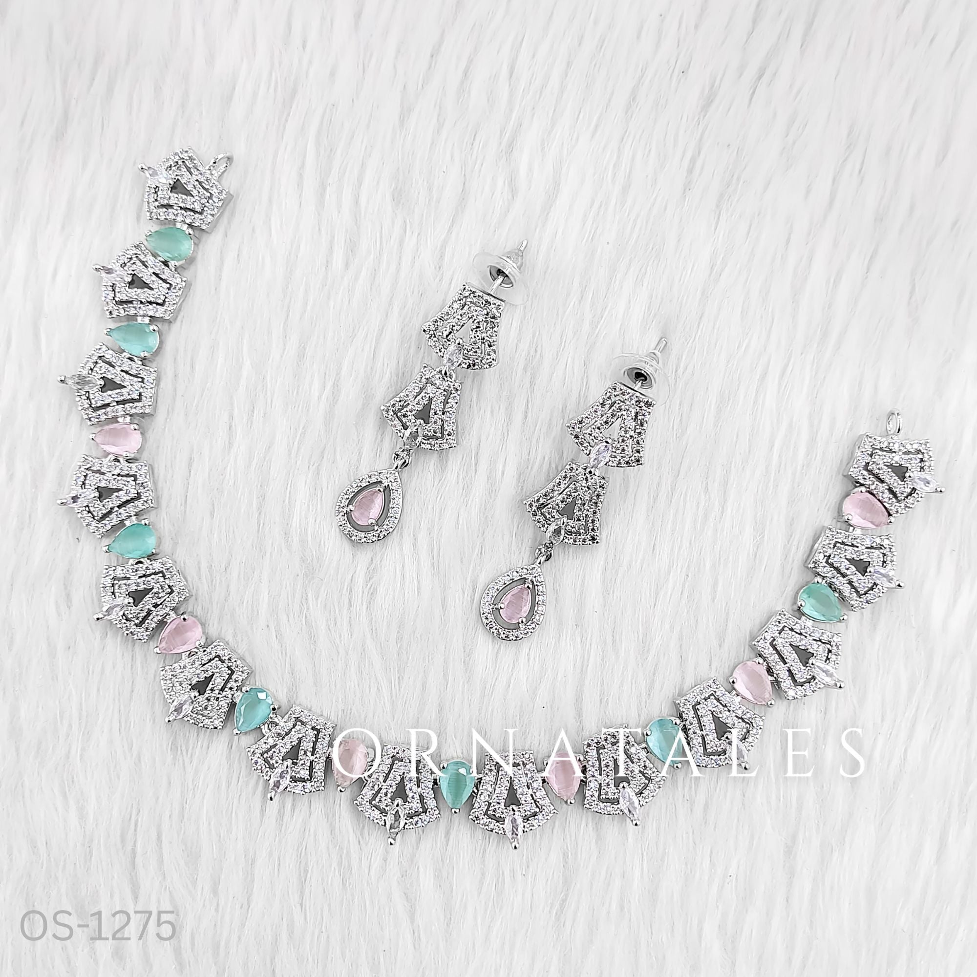 Pink & Mint Diamond Cut Necklace Set featuring Majestic Crown Cluster design with oval stones and crown-shaped diamond clusters – Perfect for Bridal & Festive Look – Ornatales