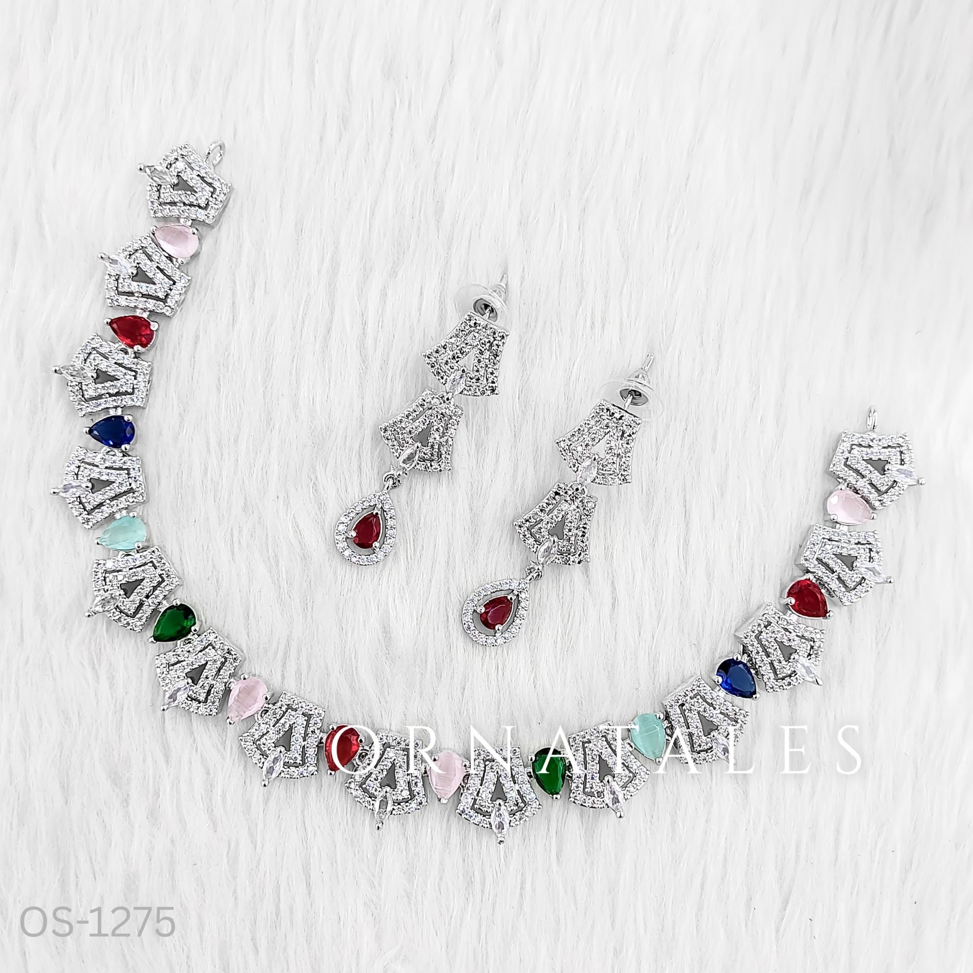 Multicolor Diamond Cut Necklace Set featuring Majestic Crown Cluster design with oval stones and crown-shaped diamond clusters – Perfect for Bridal & Festive Look – Ornatales