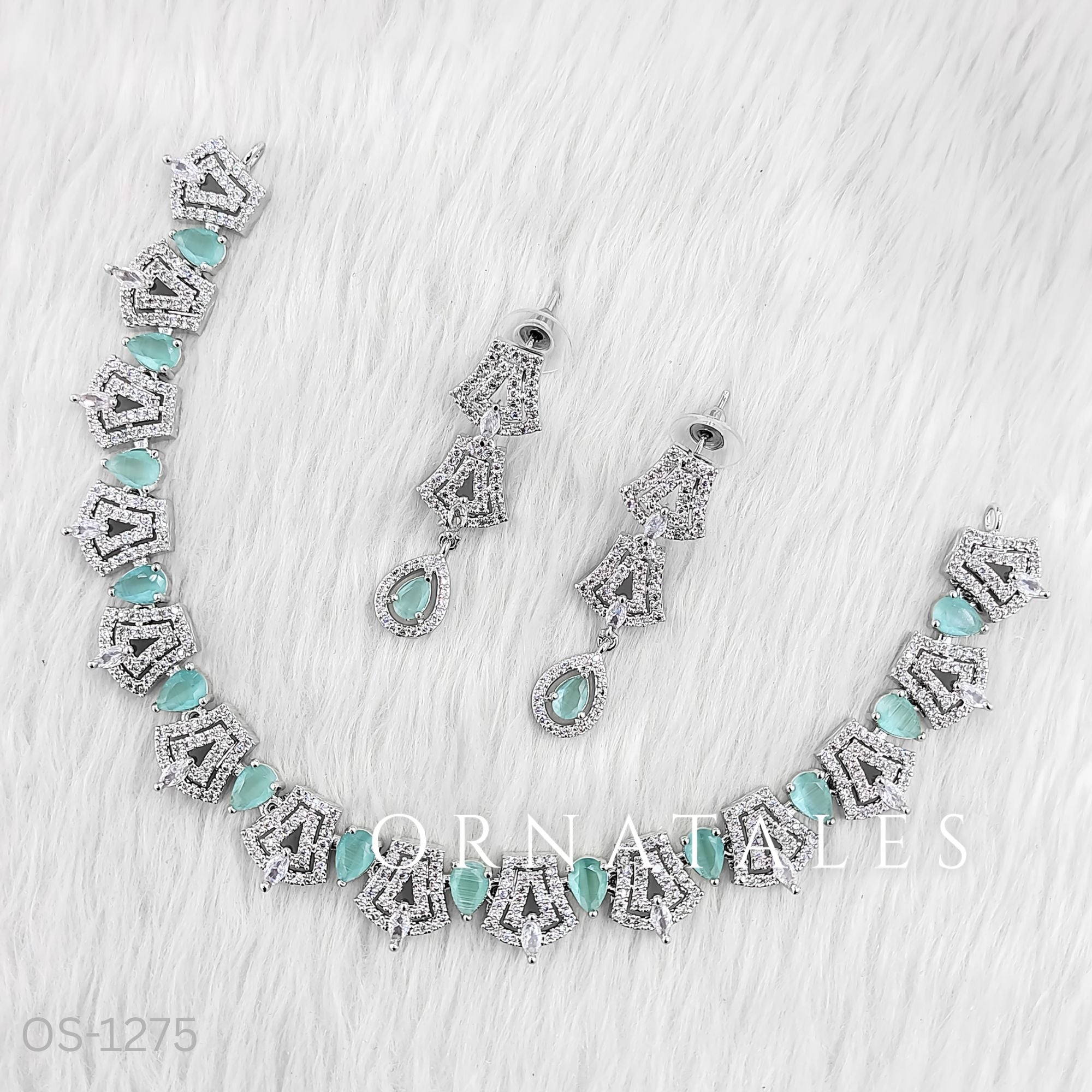 Mint Diamond Cut Necklace Set featuring Majestic Crown Cluster design with oval stones and crown-shaped diamond clusters – Perfect for Bridal & Festive Look – Ornatales