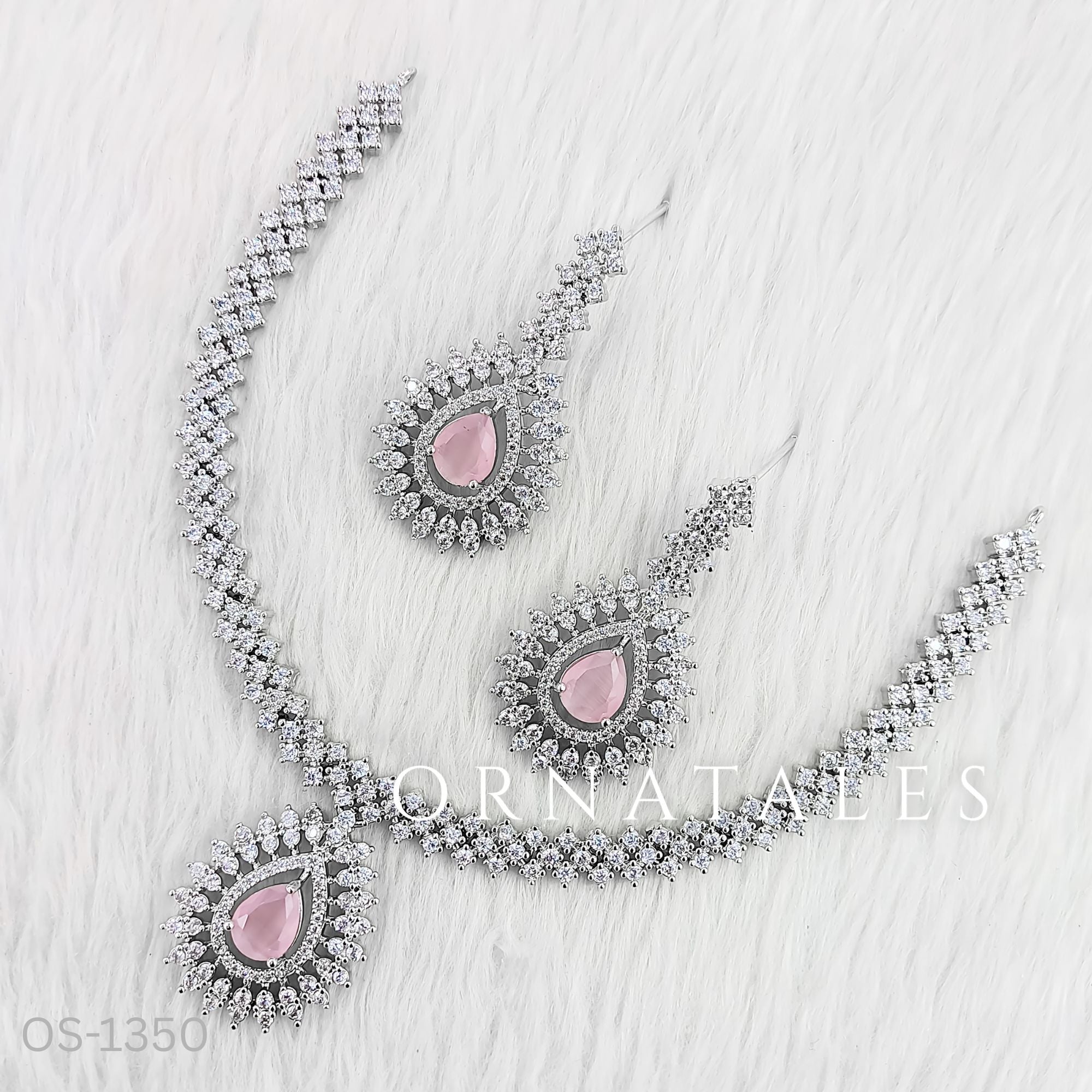 Pink Diamond Cut Necklace Set featuring Imperial Teardrop Halo design with pear-shaped centerpiece and layered diamond halos – Elegant Bridal Jewellery – Ornatales