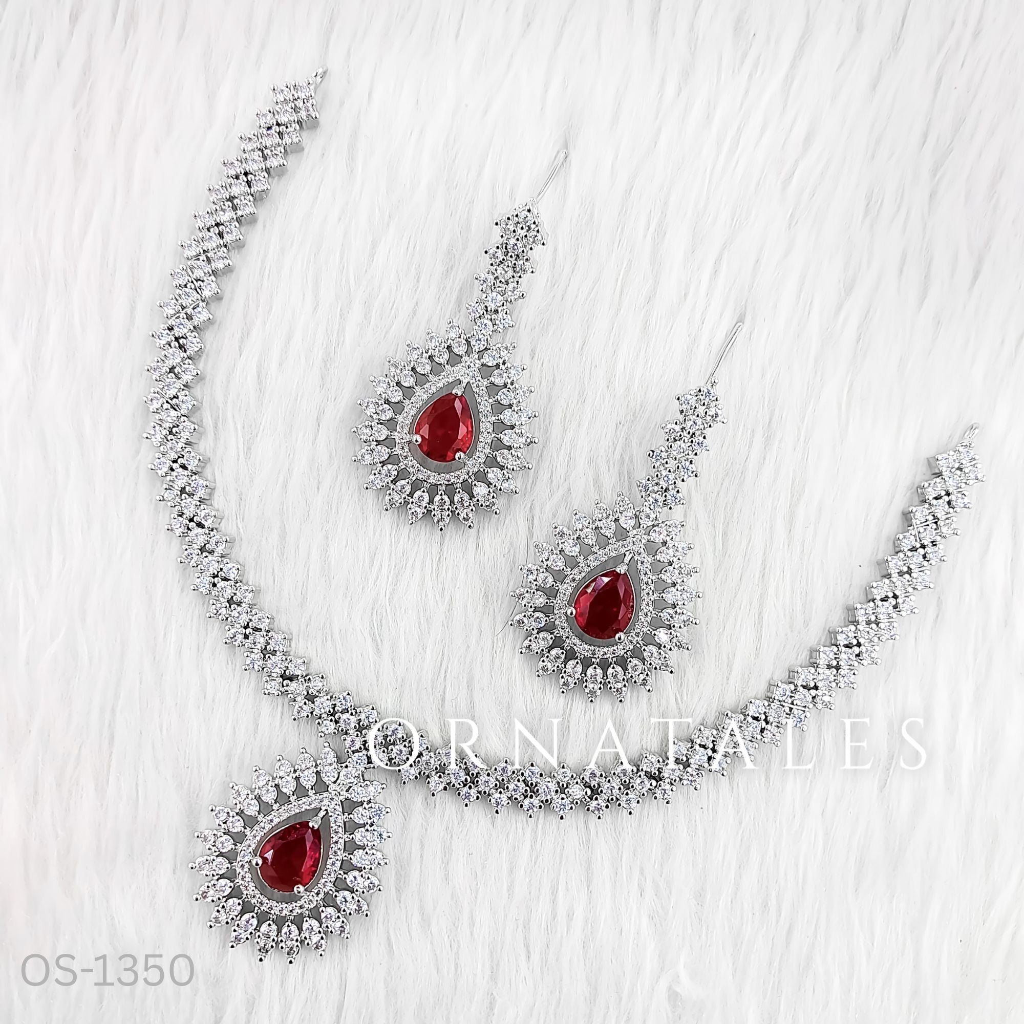 Ruby Red Diamond Cut Necklace Set featuring Imperial Teardrop Halo design with pear-shaped centerpiece and diamond halo clusters – Bridal Jewellery – Ornatales