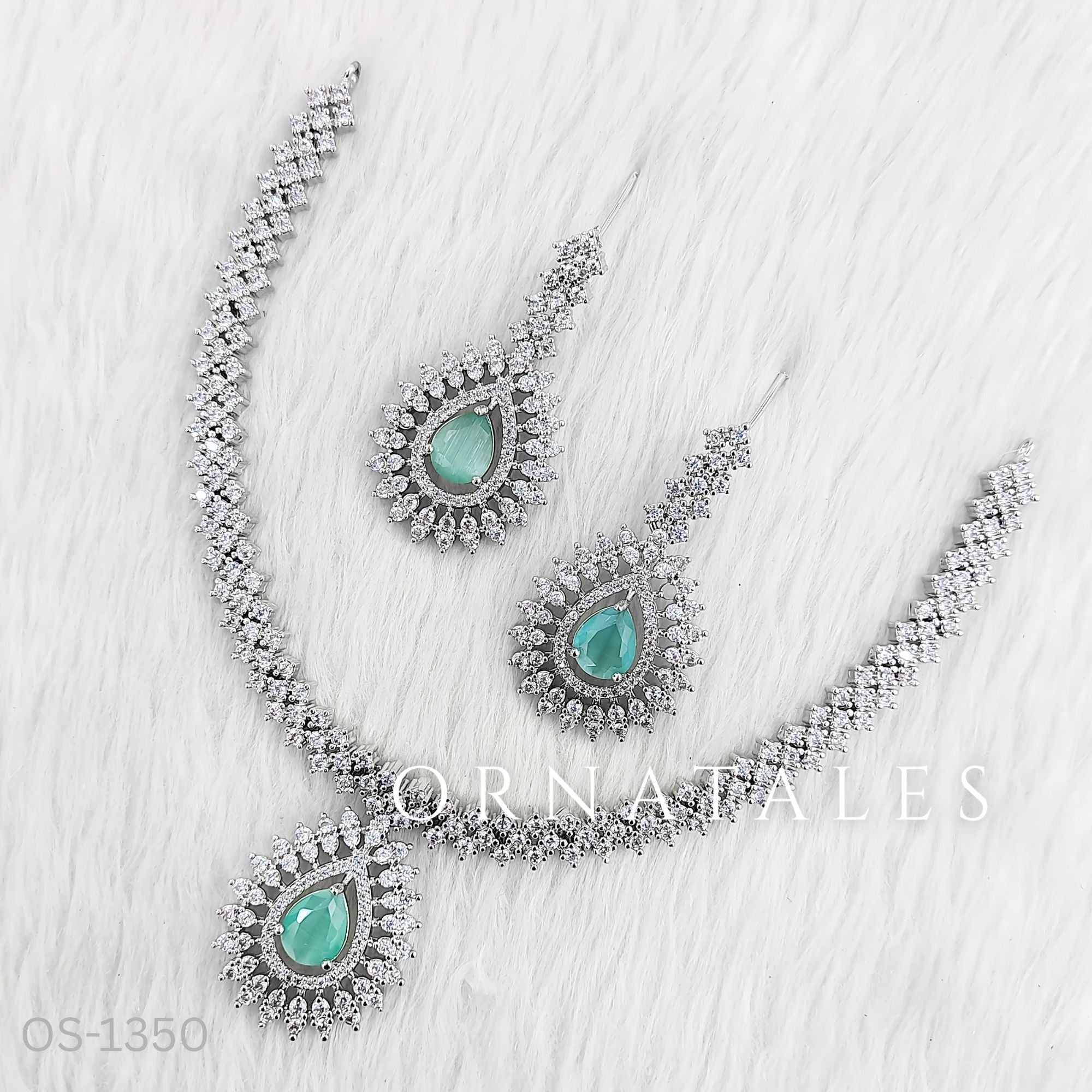 Mint Diamond Cut Necklace Set featuring Imperial Teardrop Halo design with pear-shaped centerpiece and layered diamond halos – Bridal Jewellery – Ornatales