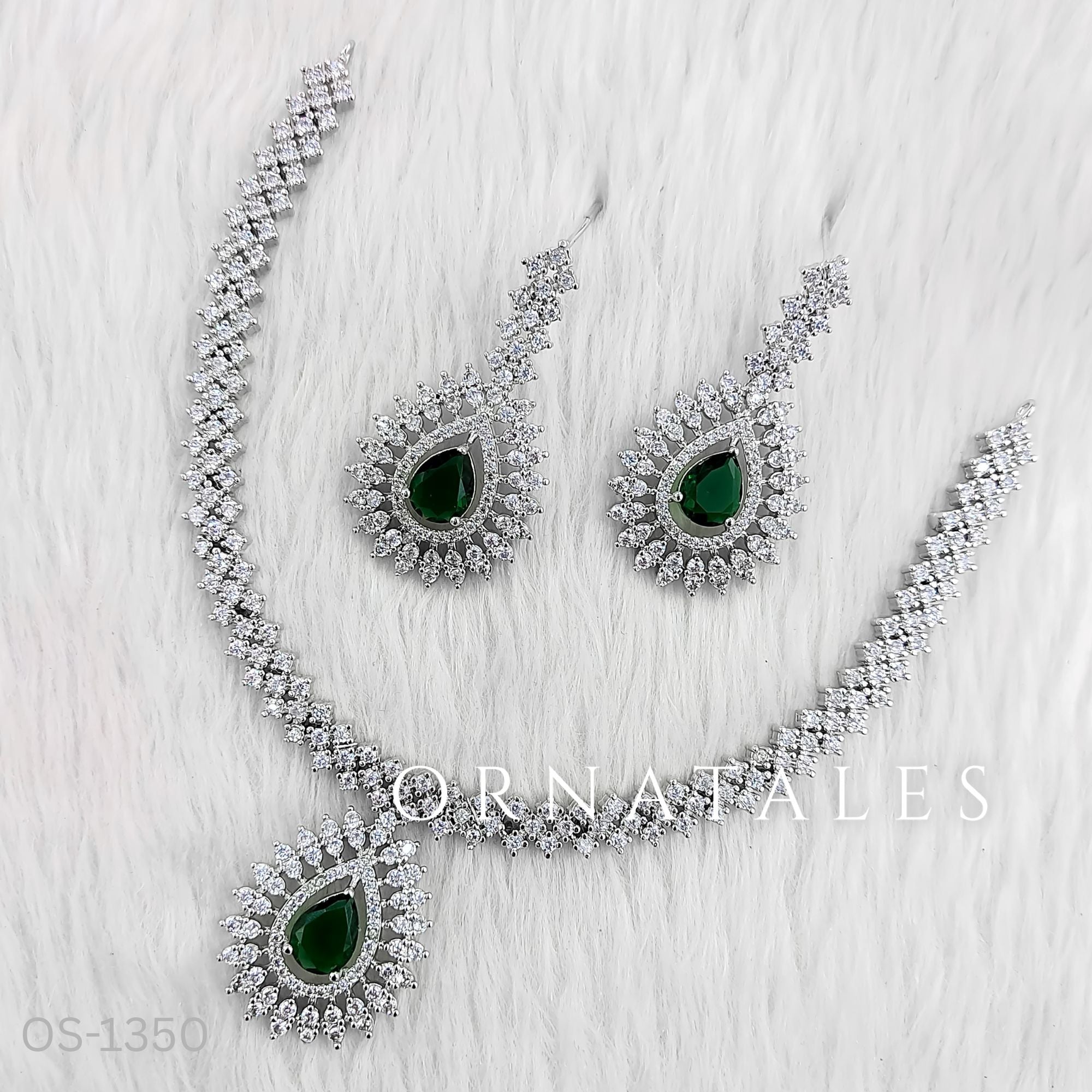 Emerald Green Diamond Cut Necklace Set featuring Imperial Teardrop Halo design with pear-shaped centerpiece and double diamond halos – Bridal Jewellery – Ornatales