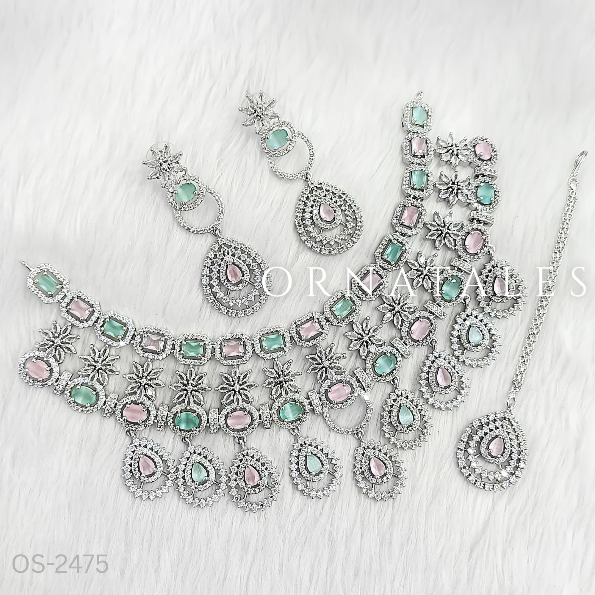 Pink & Mint Diamond Cut Necklace Set featuring Grand Royale Empress design with rectangular, round, and teardrop stones – Perfect for Bridal & Festive Look – Ornatales