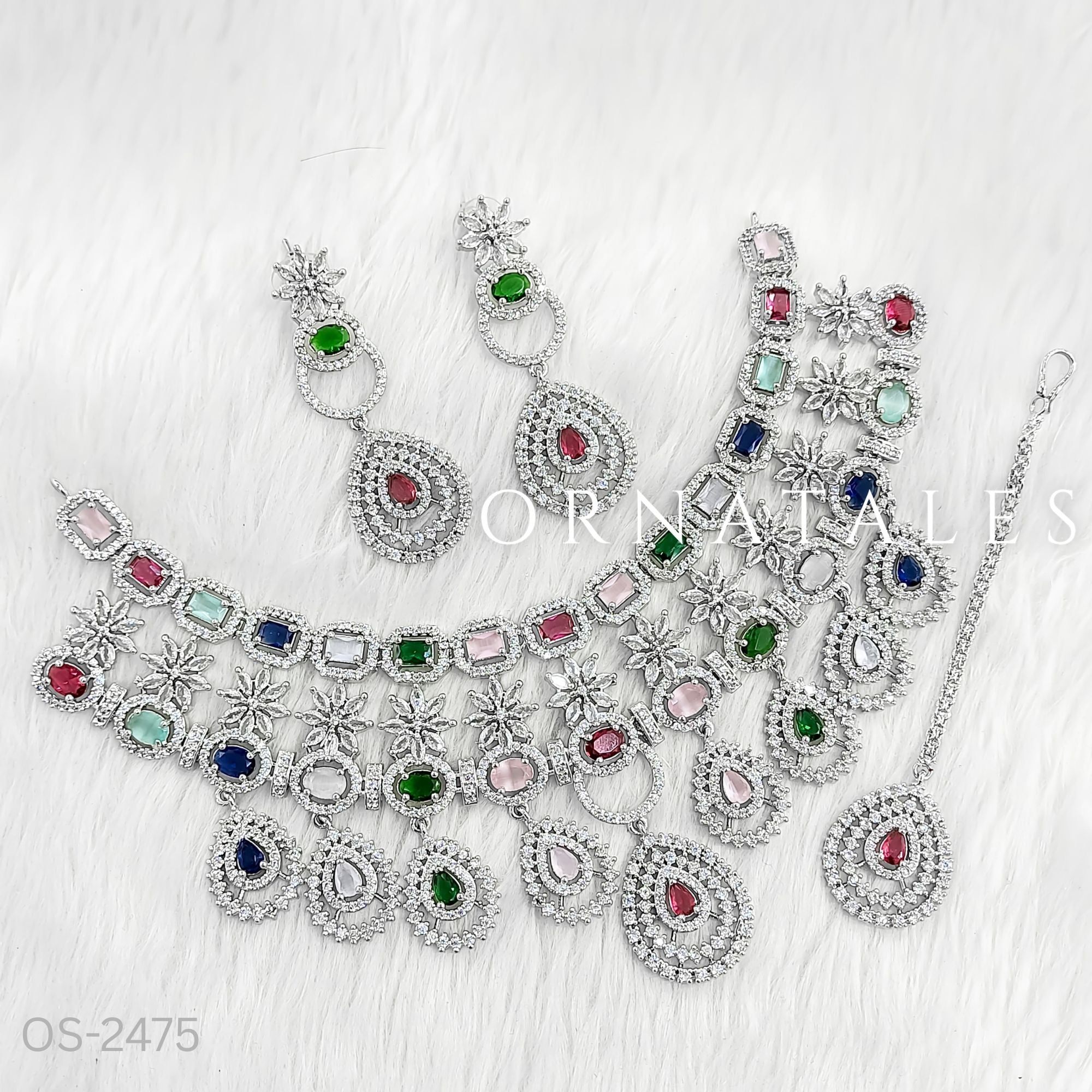 Multicolor Diamond Cut Necklace Set featuring Grand Royale Empress design with rectangular, round, and teardrop stones – Perfect for Bridal & Festive Look – Ornatales