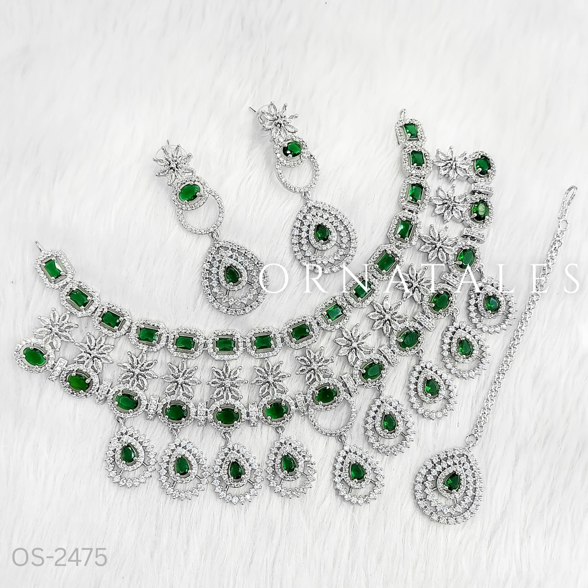 Emerald Green Diamond Cut Necklace Set featuring Grand Royale Empress design with rectangular, round, and teardrop stones – Perfect for Bridal & Festive Look – Ornatales