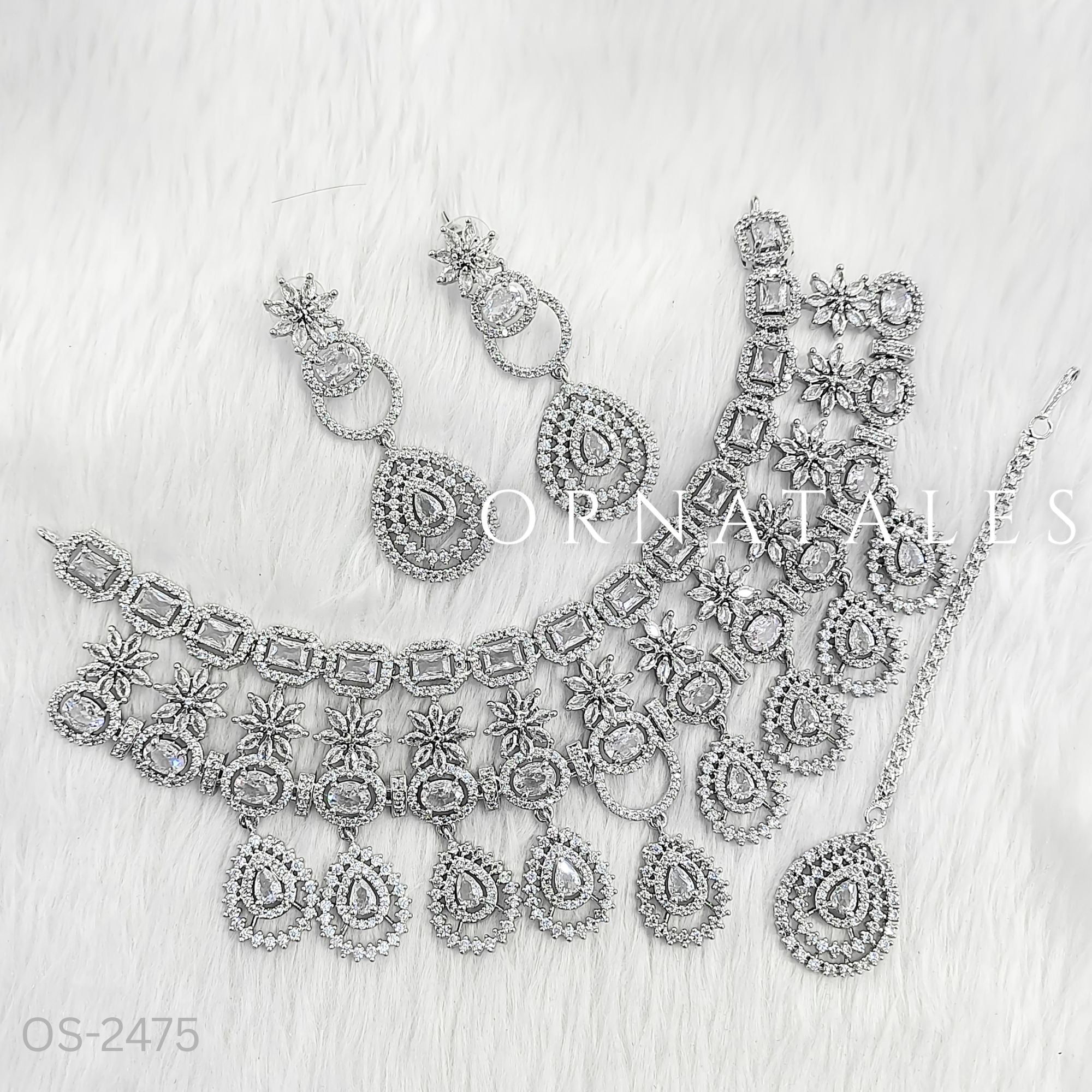 Crystal White Diamond Cut Necklace Set featuring Grand Royale Empress design with rectangular, round, and teardrop stones – Perfect for Bridal & Festive Look – Ornatales