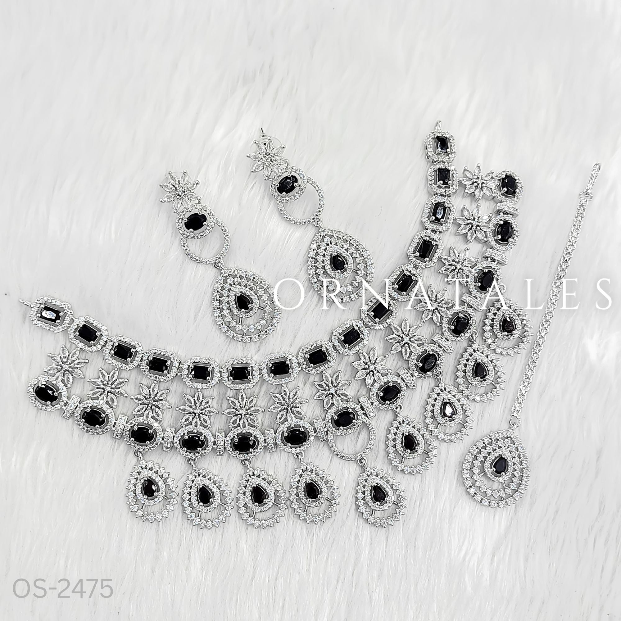 Black Diamond Cut Necklace Set featuring Grand Royale Empress design with rectangular, round, and teardrop stones – Perfect for Bridal & Festive Look – Ornatales