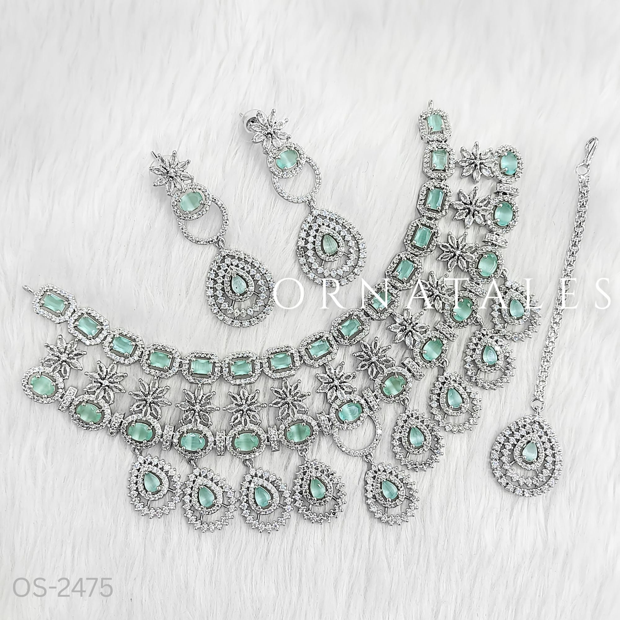 Mint Diamond Cut Necklace Set featuring Grand Royale Empress design with rectangular, round, and teardrop stones – Perfect for Bridal & Festive Look – Ornatales