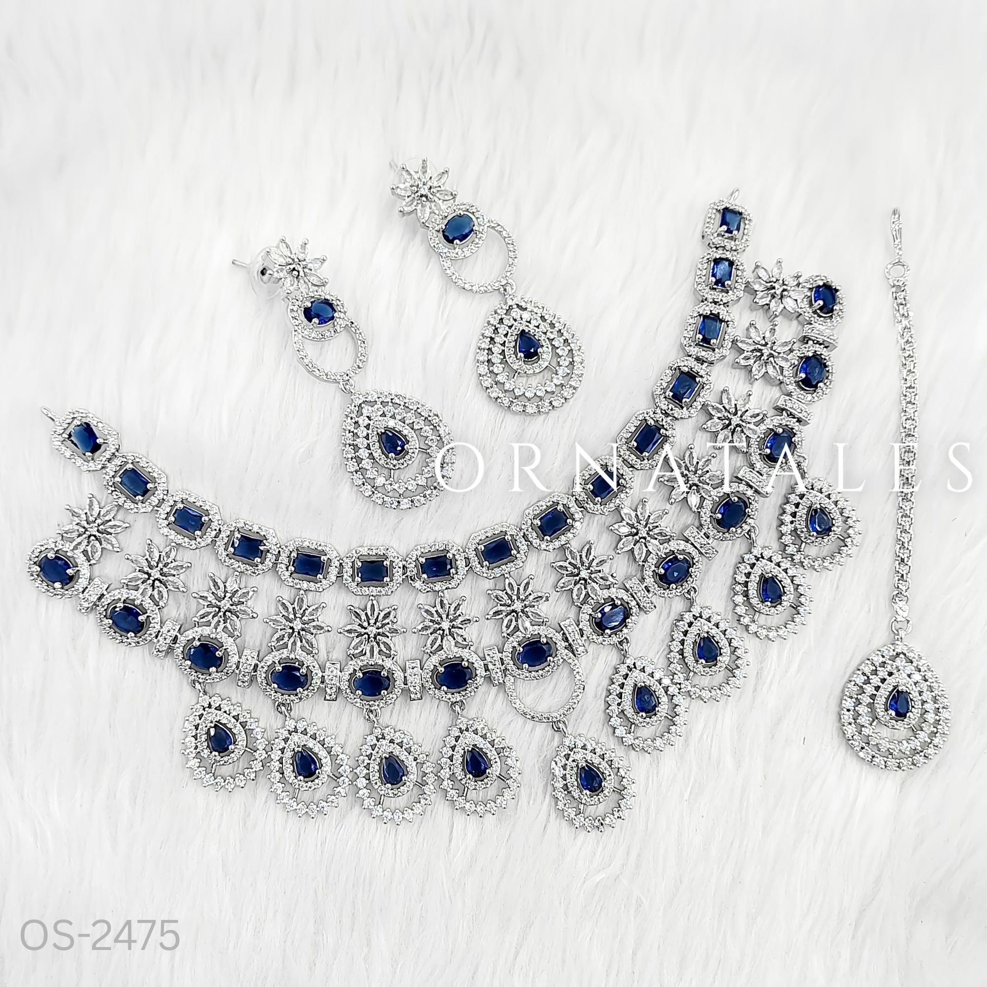 Royal Blue Diamond Cut Necklace Set featuring Grand Royale Empress design with rectangular, round, and teardrop stones – Perfect for Bridal & Festive Look – Ornatales