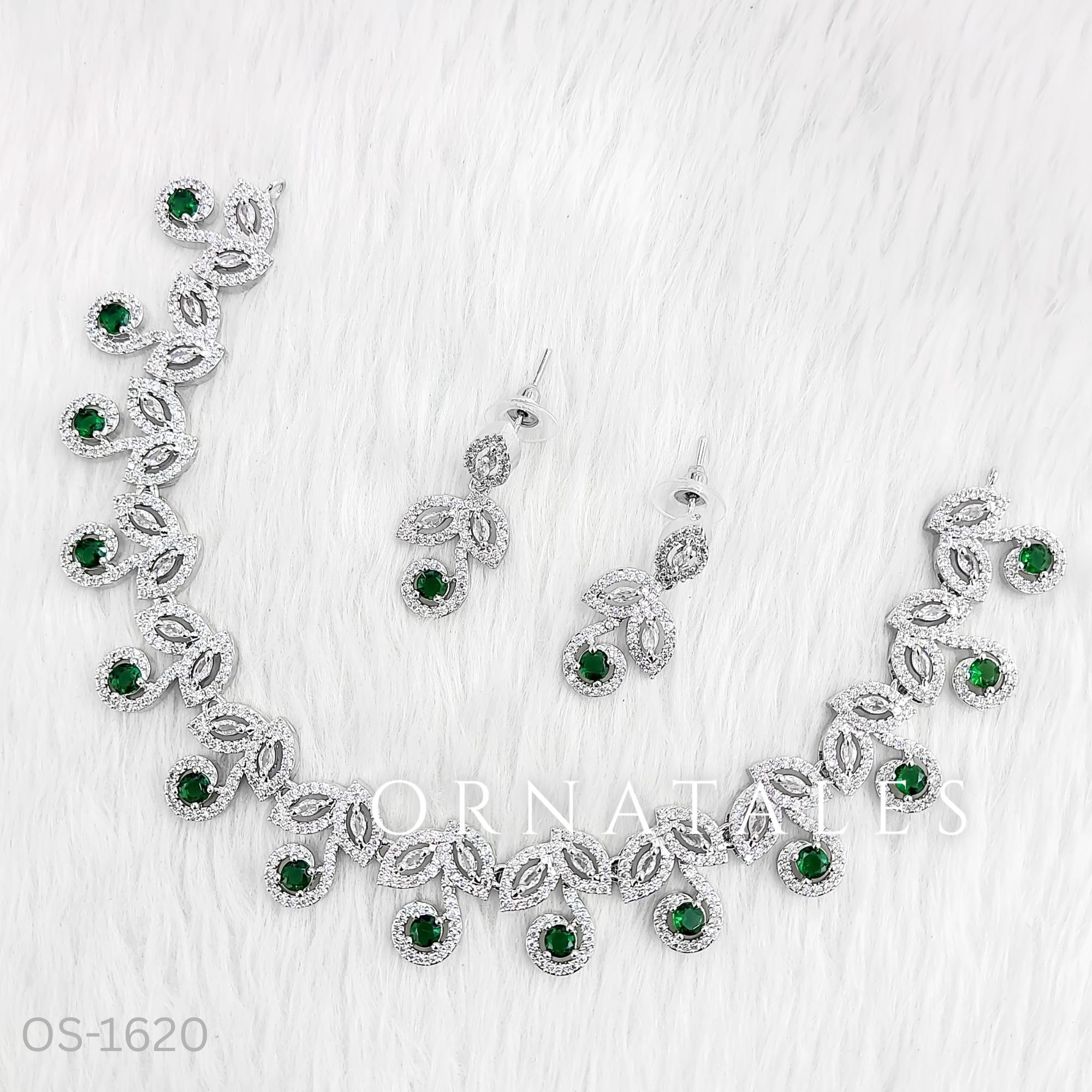 Emerald Green Diamond Cut Necklace Set featuring Classic Bloom Cluster design with floral-inspired clustered motifs and diamond halos – Perfect for Bridal & Festive Look – Ornatales