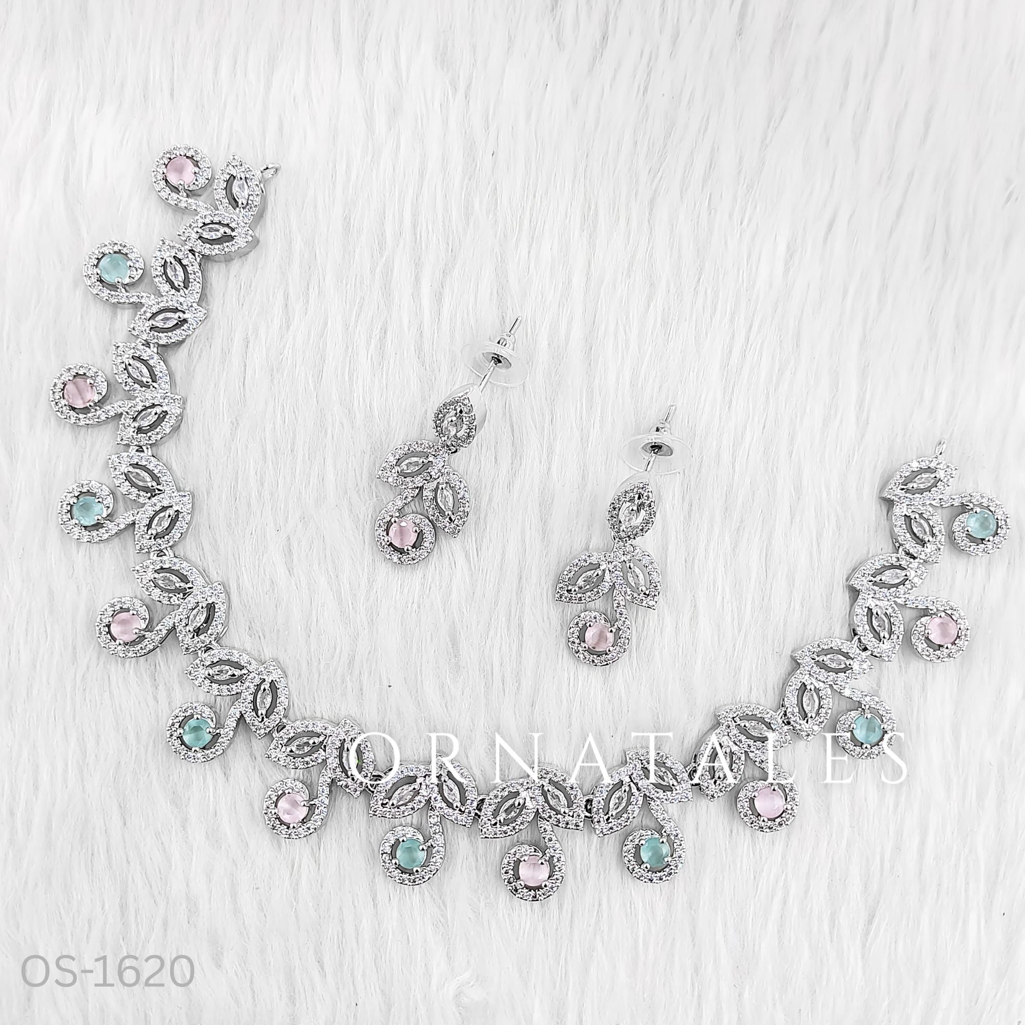 Pink & Mint Diamond Cut Necklace Set featuring Classic Bloom Cluster design with floral-inspired clustered motifs and diamond halos – Perfect for Bridal & Festive Look – Ornatales