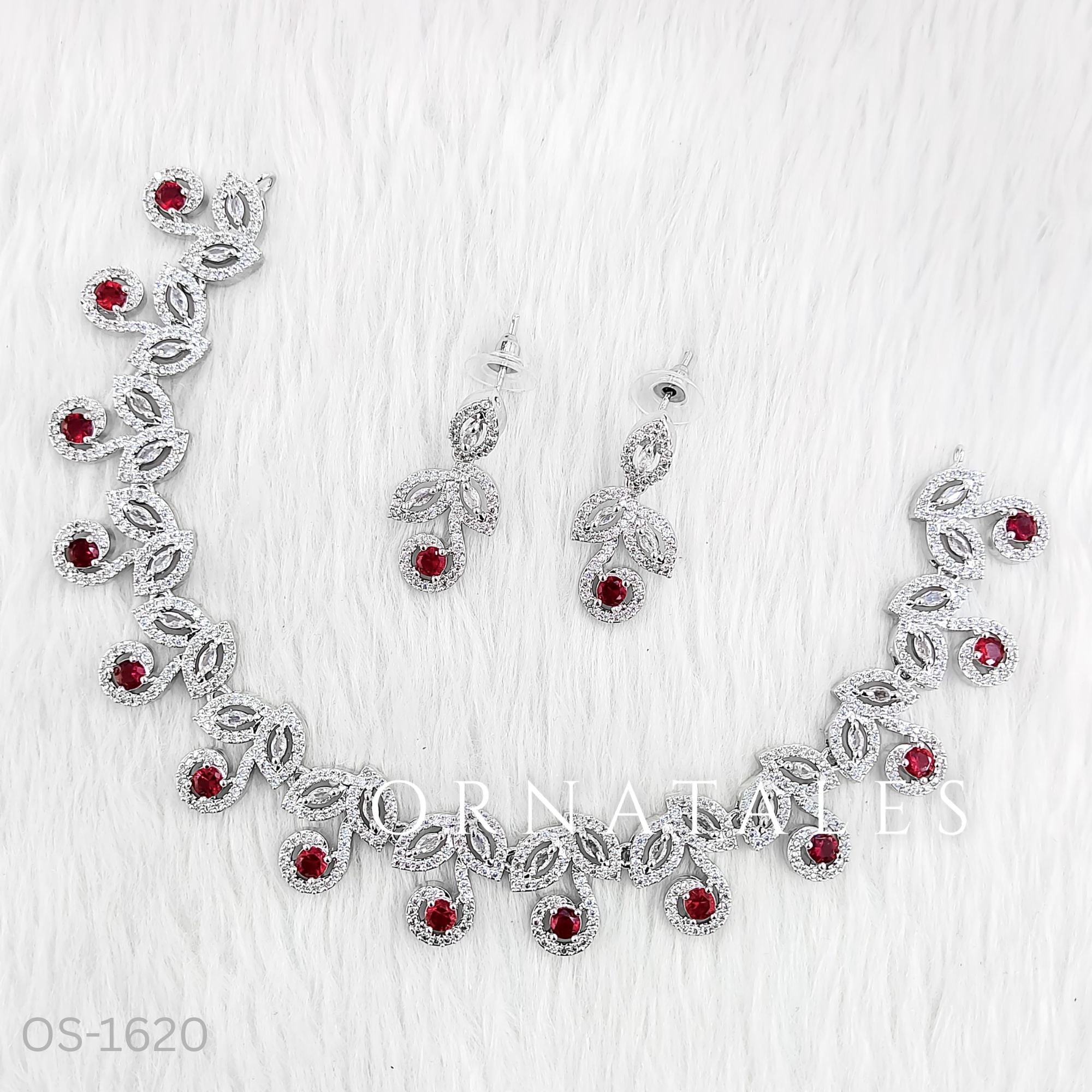 Ruby Red Diamond Cut Necklace Set featuring Classic Bloom Cluster design with floral-inspired clustered motifs and diamond halos – Perfect for Bridal & Festive Look – Ornatales
