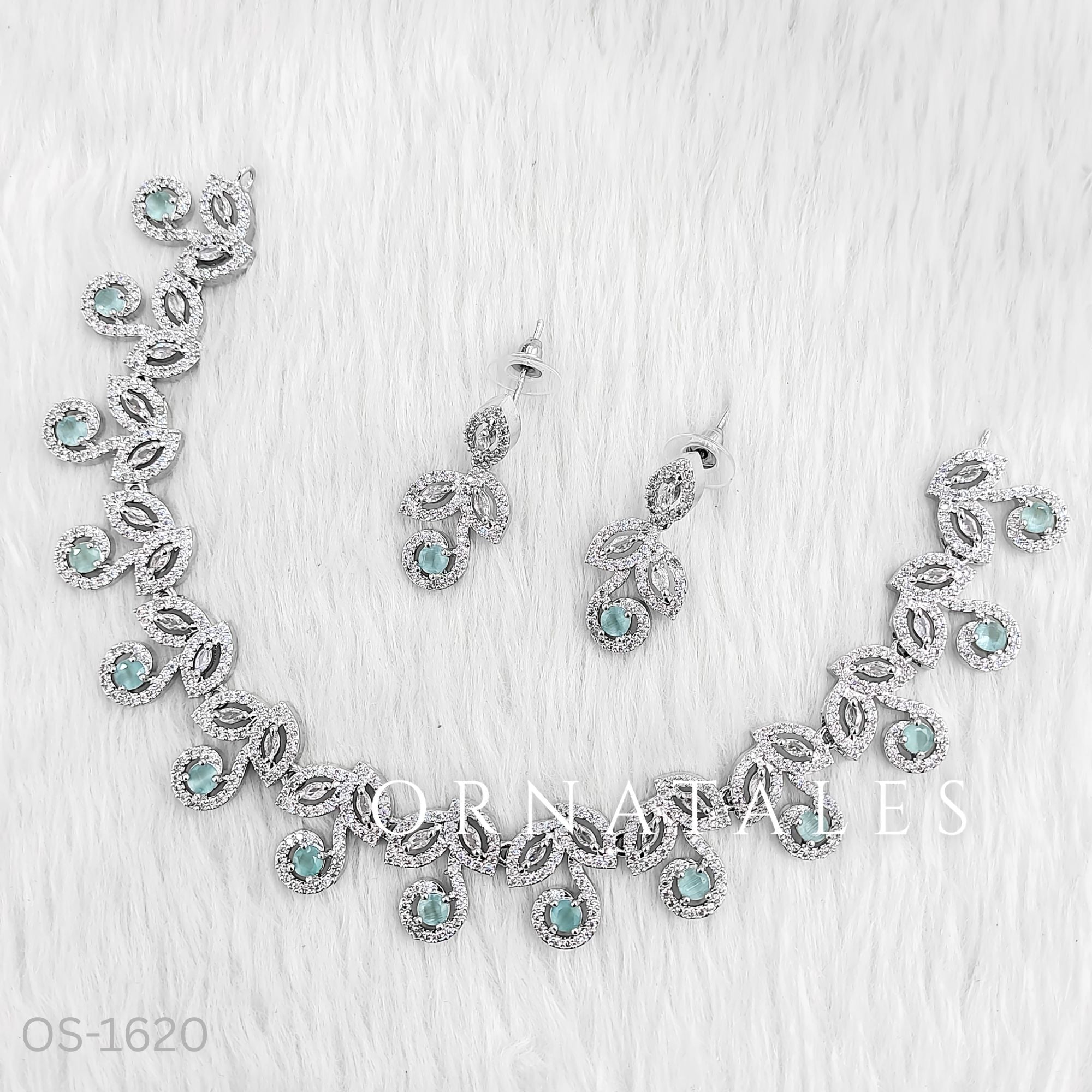 Mint Diamond Cut Necklace Set featuring Classic Bloom Cluster design with floral-inspired clustered motifs and diamond halos – Perfect for Bridal & Festive Look – Ornatales