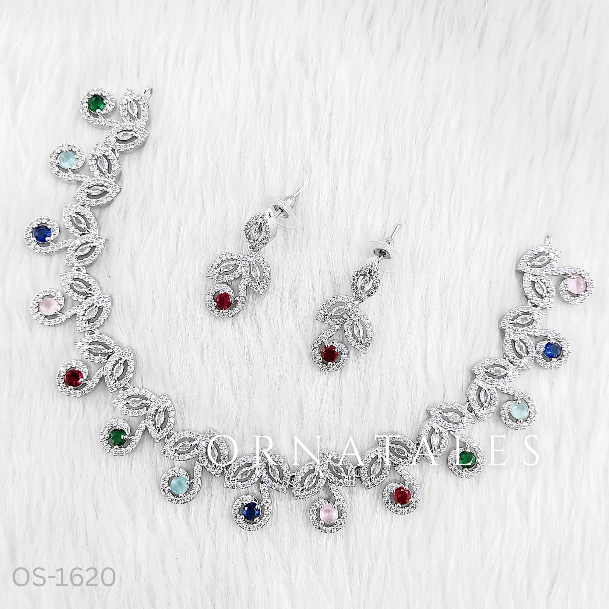 Multicolor Diamond Cut Necklace Set featuring Classic Bloom Cluster design with floral-inspired clustered motifs and diamond halos – Perfect for Bridal & Festive Look – Ornatales