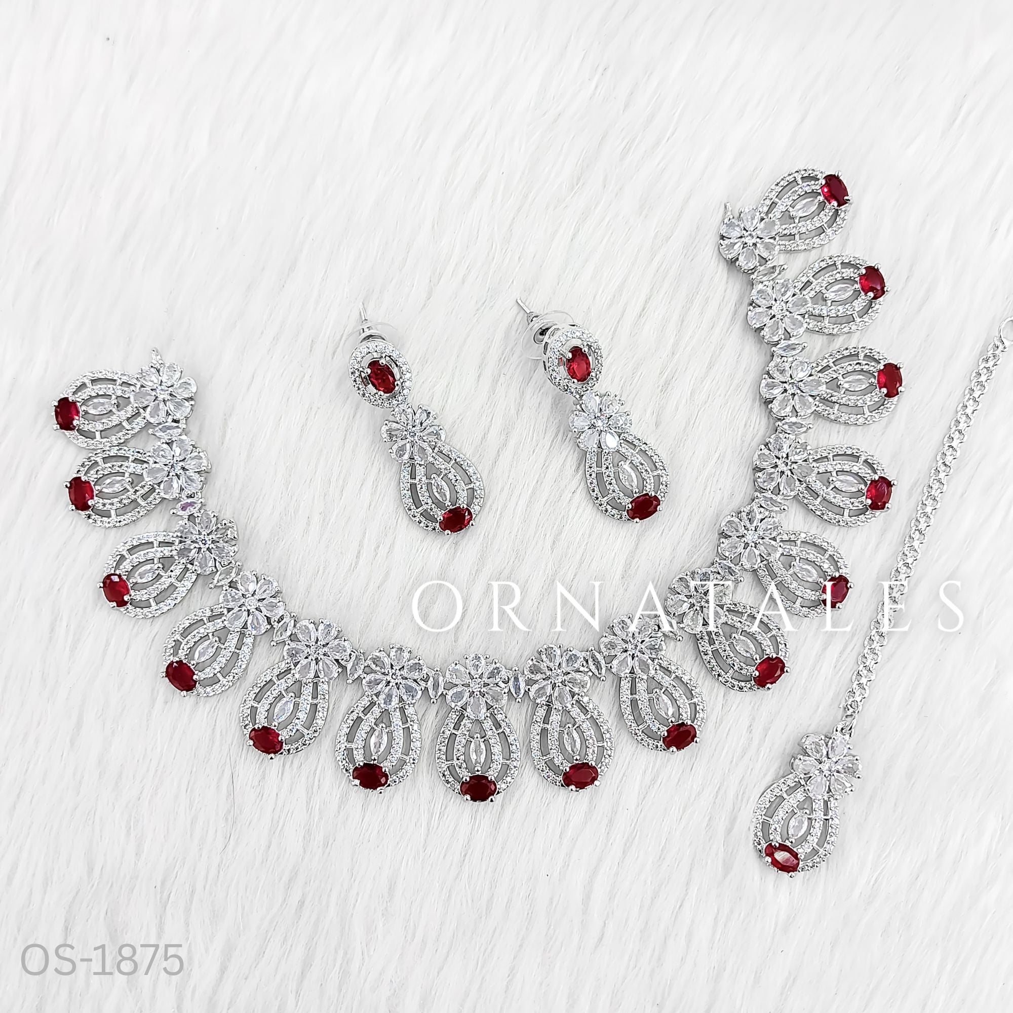 Ruby Red Diamond Cut Necklace Set featuring Royal Arc Filigree design with intricate filigree-style detailing and oval stones – Perfect for Bridal & Festive Look – Ornatales