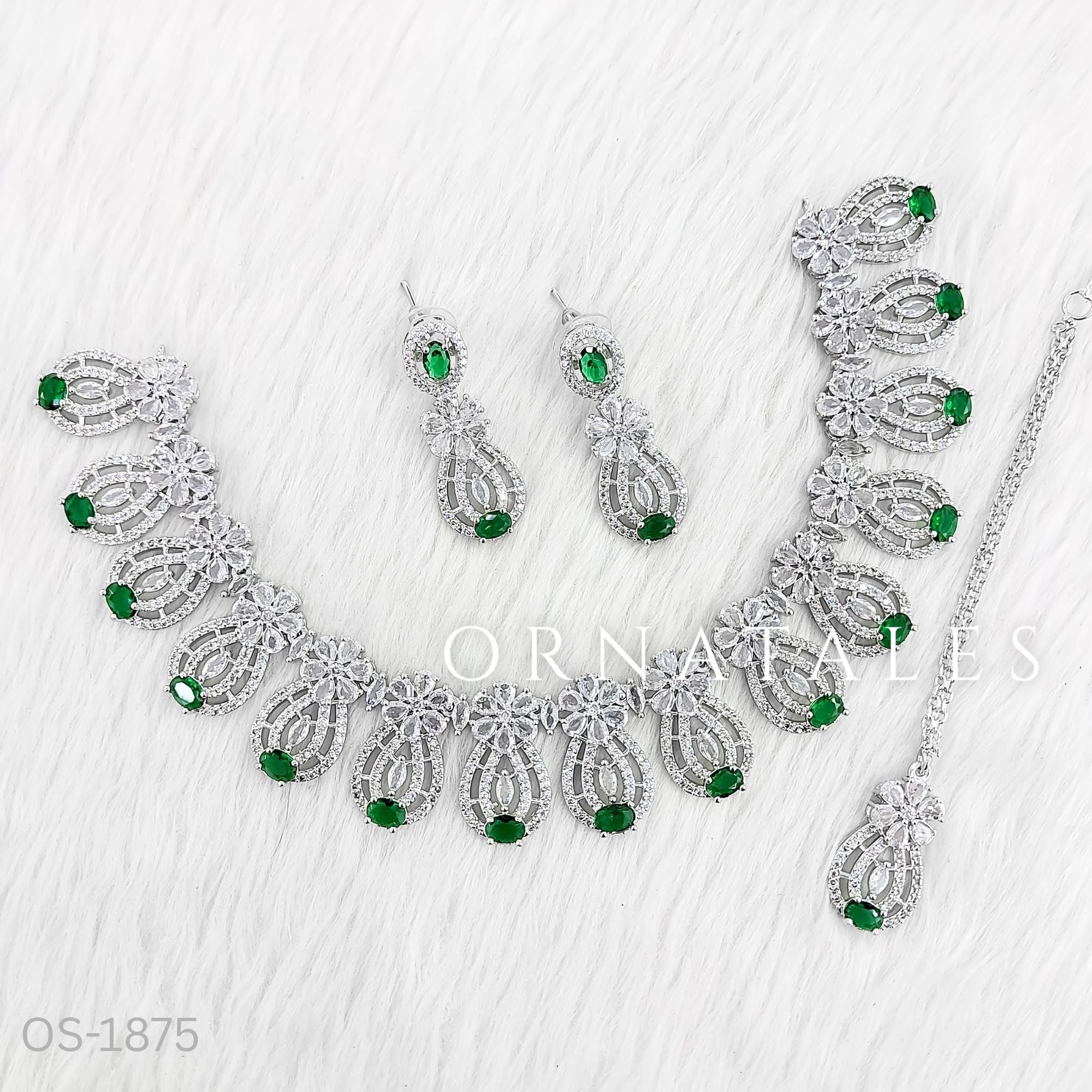 Emerald Green Diamond Cut Necklace Set featuring Royal Arc Filigree design with intricate filigree-style detailing and oval stones – Perfect for Bridal & Festive Look – Ornatales