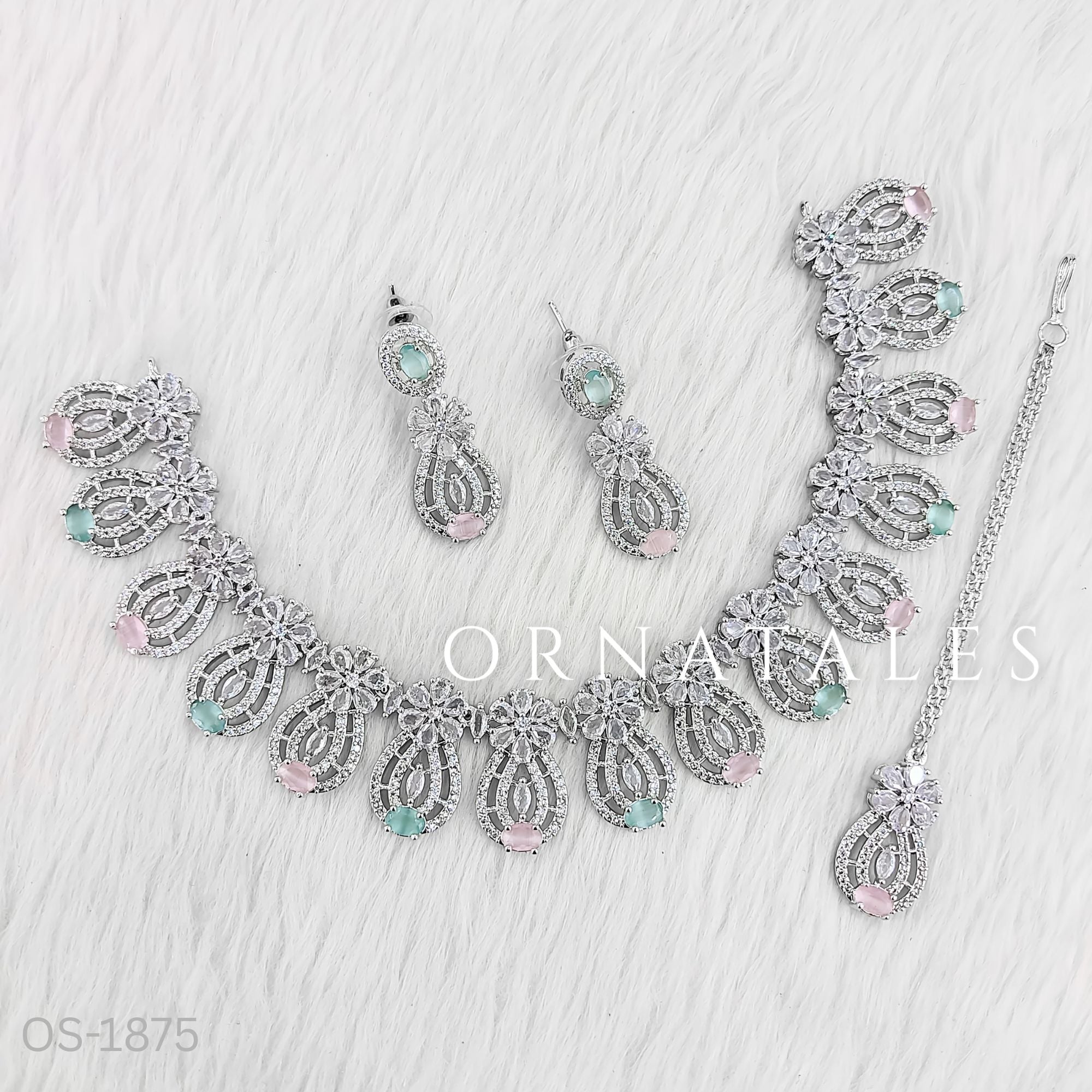 Pink & Mint Diamond Cut Necklace Set featuring Royal Arc Filigree design with intricate filigree-style detailing and oval stones – Perfect for Bridal & Festive Look – Ornatales