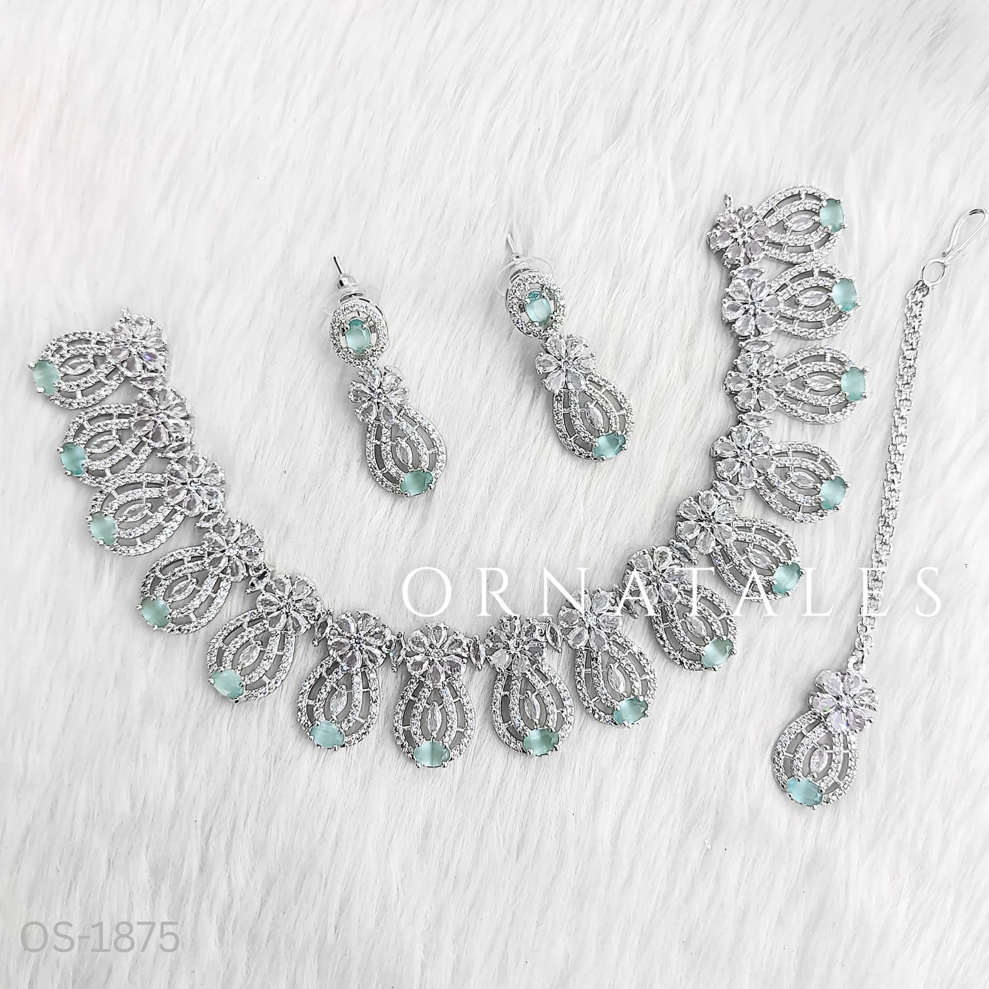 Mint Diamond Cut Necklace Set featuring Royal Arc Filigree design with intricate filigree-style detailing and oval stones – Perfect for Bridal & Festive Look – Ornatales