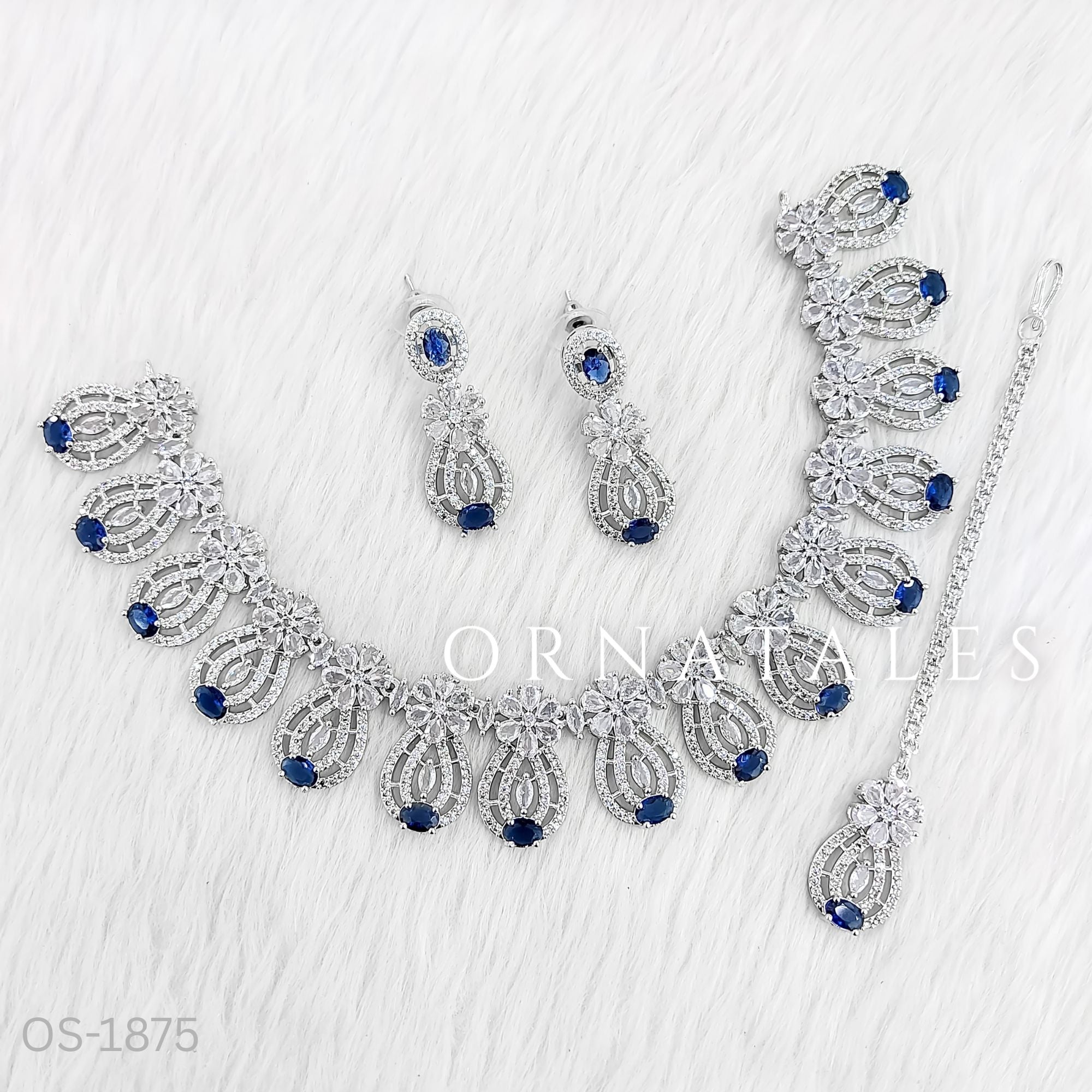 Royal Blue Diamond Cut Necklace Set featuring Royal Arc Filigree design with intricate filigree-style detailing and oval stones – Perfect for Bridal & Festive Look – Ornatales