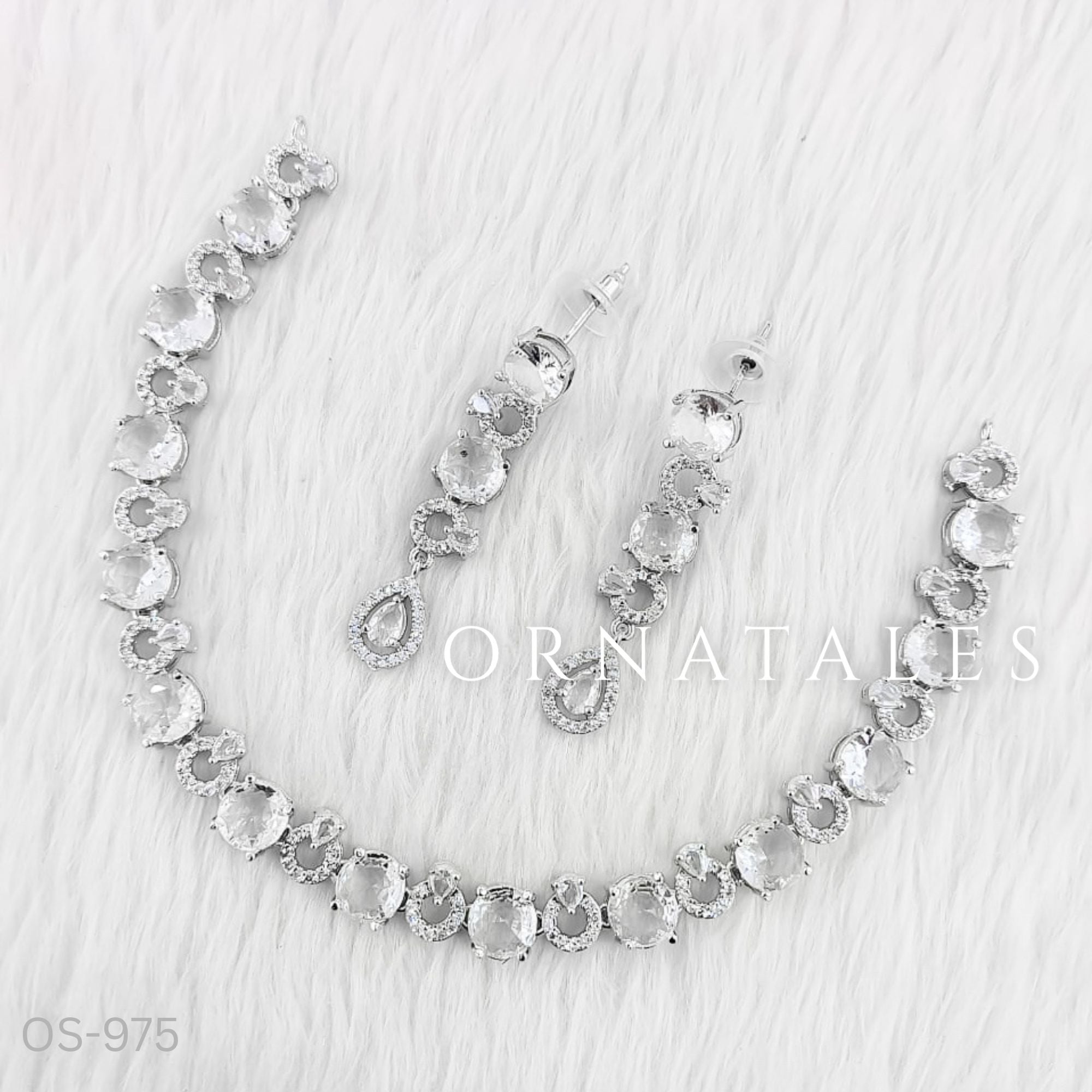 Crystal White Diamond Cut Necklace Set featuring Elegant Round Radiance design with round-cut stones and diamond halo detailing – Perfect for Bridal & Party Wear – Ornatales