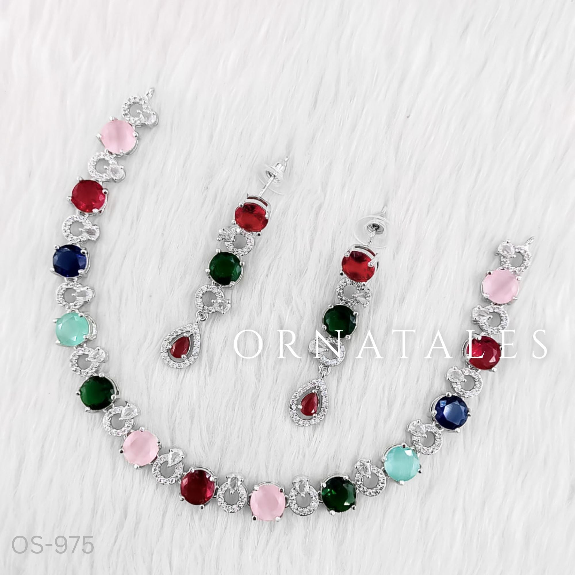 Multicolor Diamond Cut Necklace Set featuring Elegant Round Radiance design with round-cut stones and diamond halo detailing – Perfect for Bridal & Party Wear – Ornatales