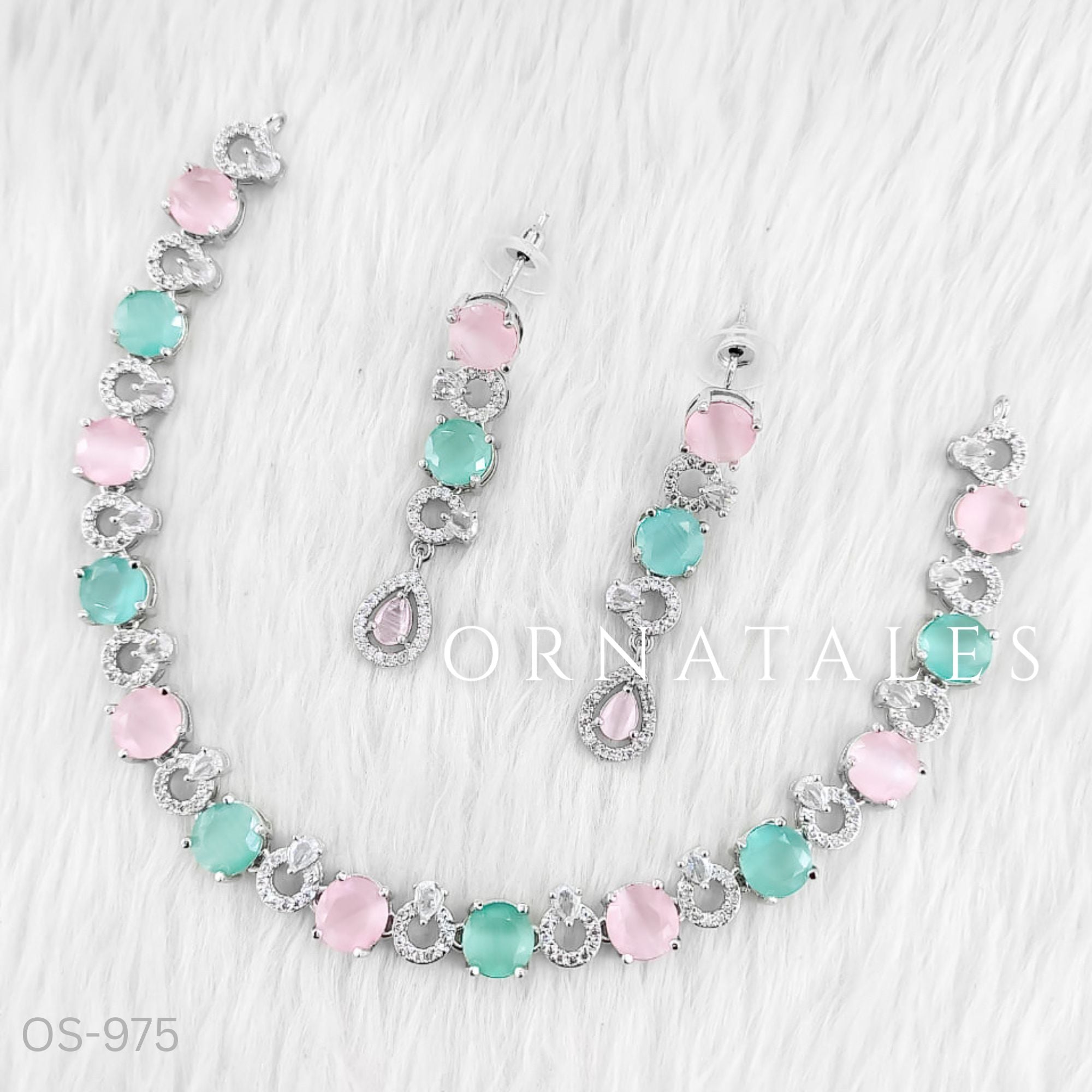 Pink & Mint Diamond Cut Necklace Set featuring Elegant Round Radiance design with round-cut stones and diamond halo detailing – Perfect for Bridal Look – Ornatales