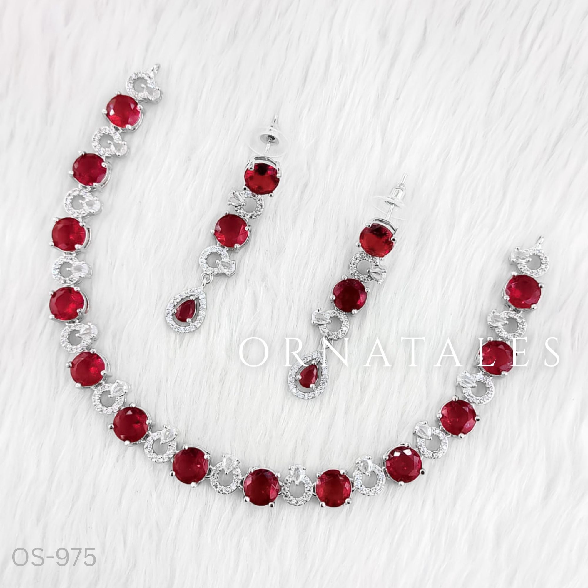 Ruby Red Diamond Cut Necklace Set featuring Elegant Round Radiance design with round-cut stones and diamond halo detailing – Perfect for Bridal Look – Ornatales