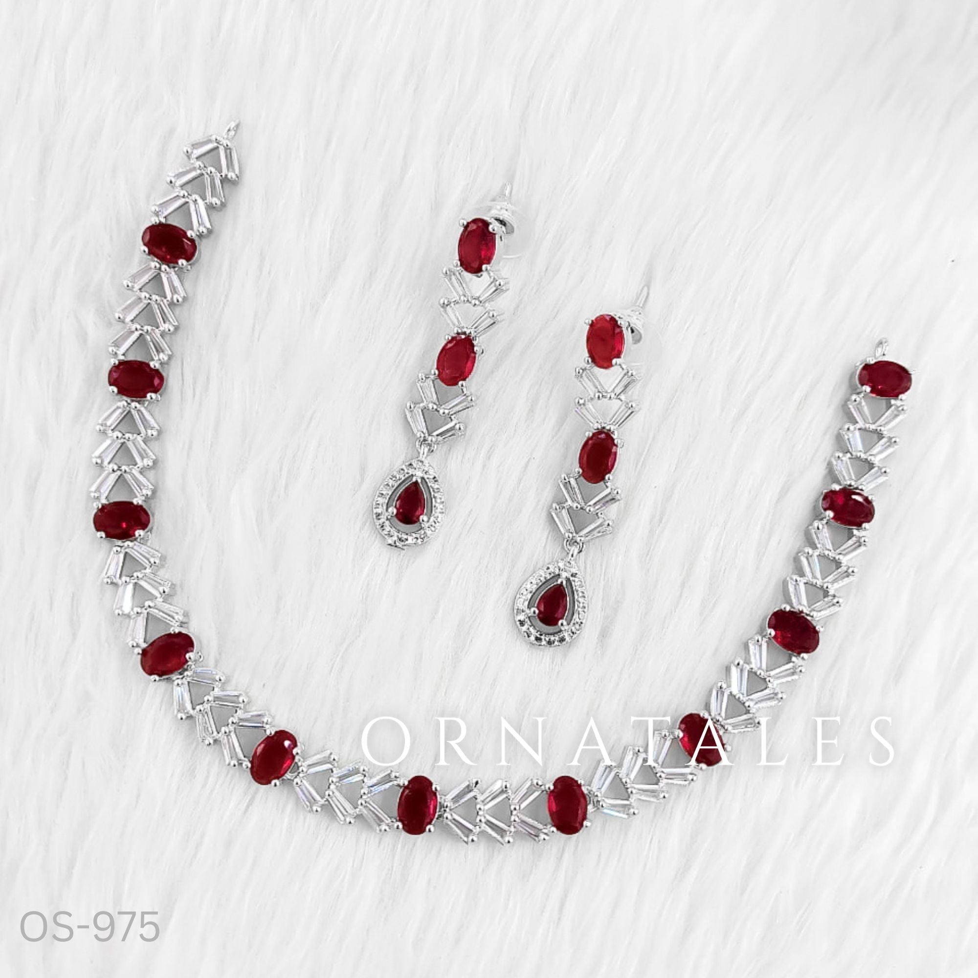 Ruby Red Diamond Cut Necklace Set featuring Luxe Crosslink Oval design with X-shaped diamond links and oval stones – Perfect for Bridal & Party Look – Ornatales