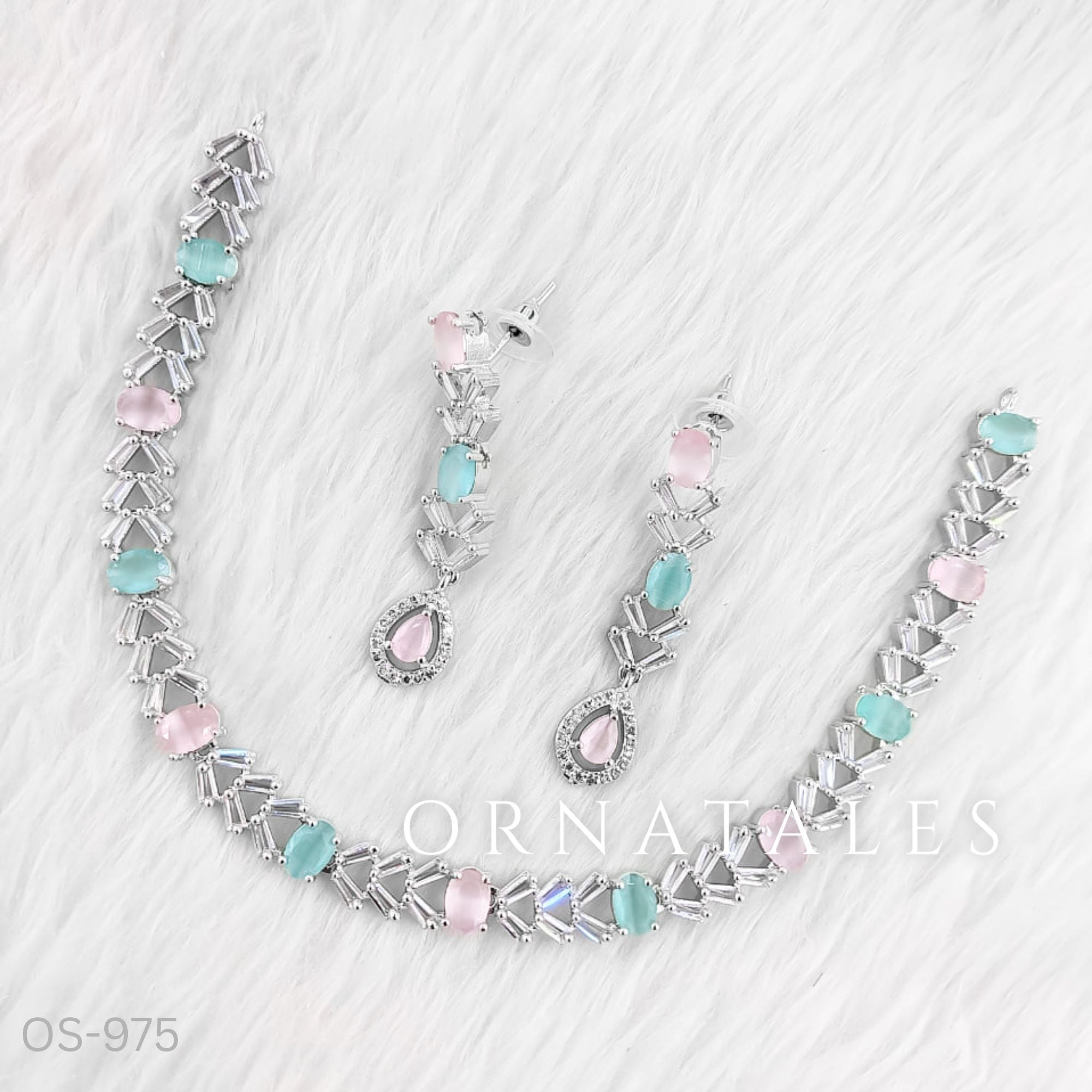 Pink & Mint Diamond Cut Necklace Set featuring Luxe Crosslink Oval design with X-shaped diamond links and oval pastel stones – Perfect for Bridal Look – Ornatales