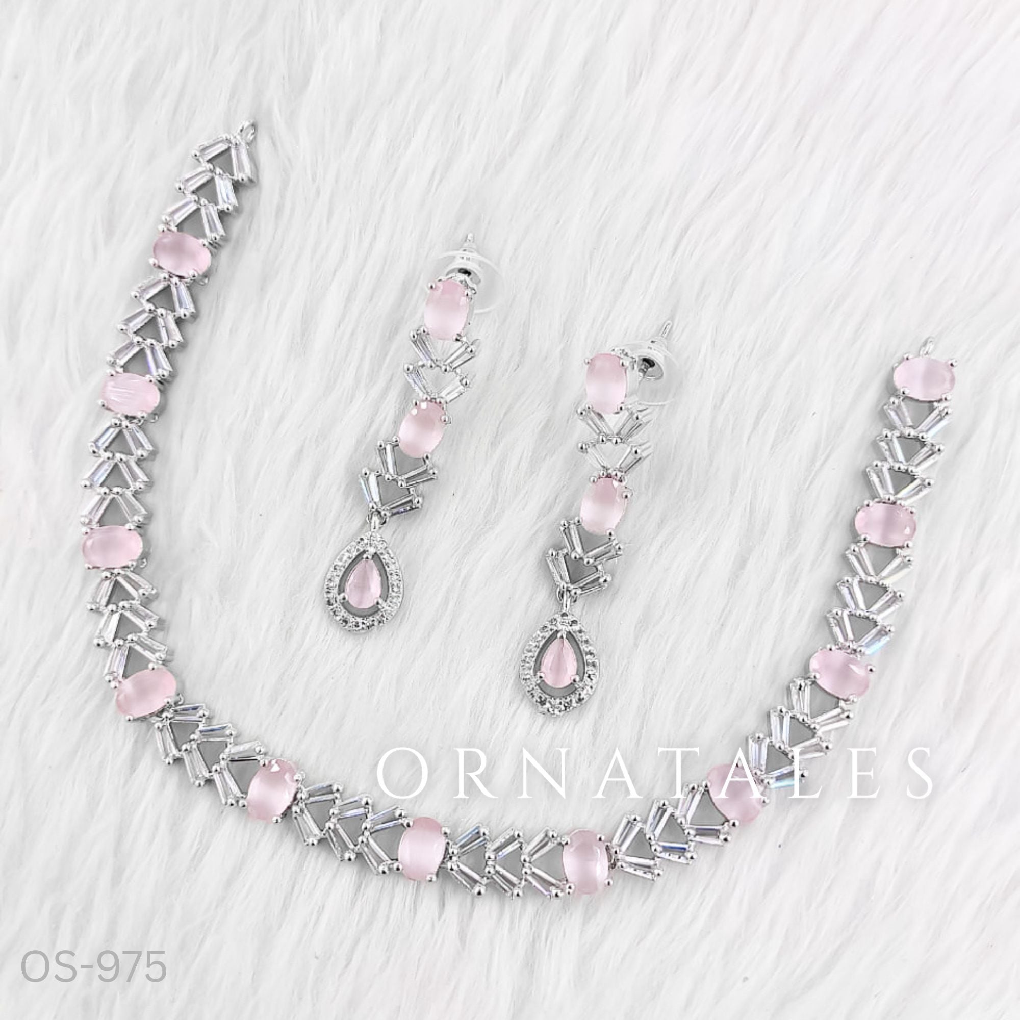 Pink Diamond Cut Necklace Set featuring Luxe Crosslink Oval design with X-shaped diamond links and oval pink stones – Bridal & Festive Jewellery – Ornatales
