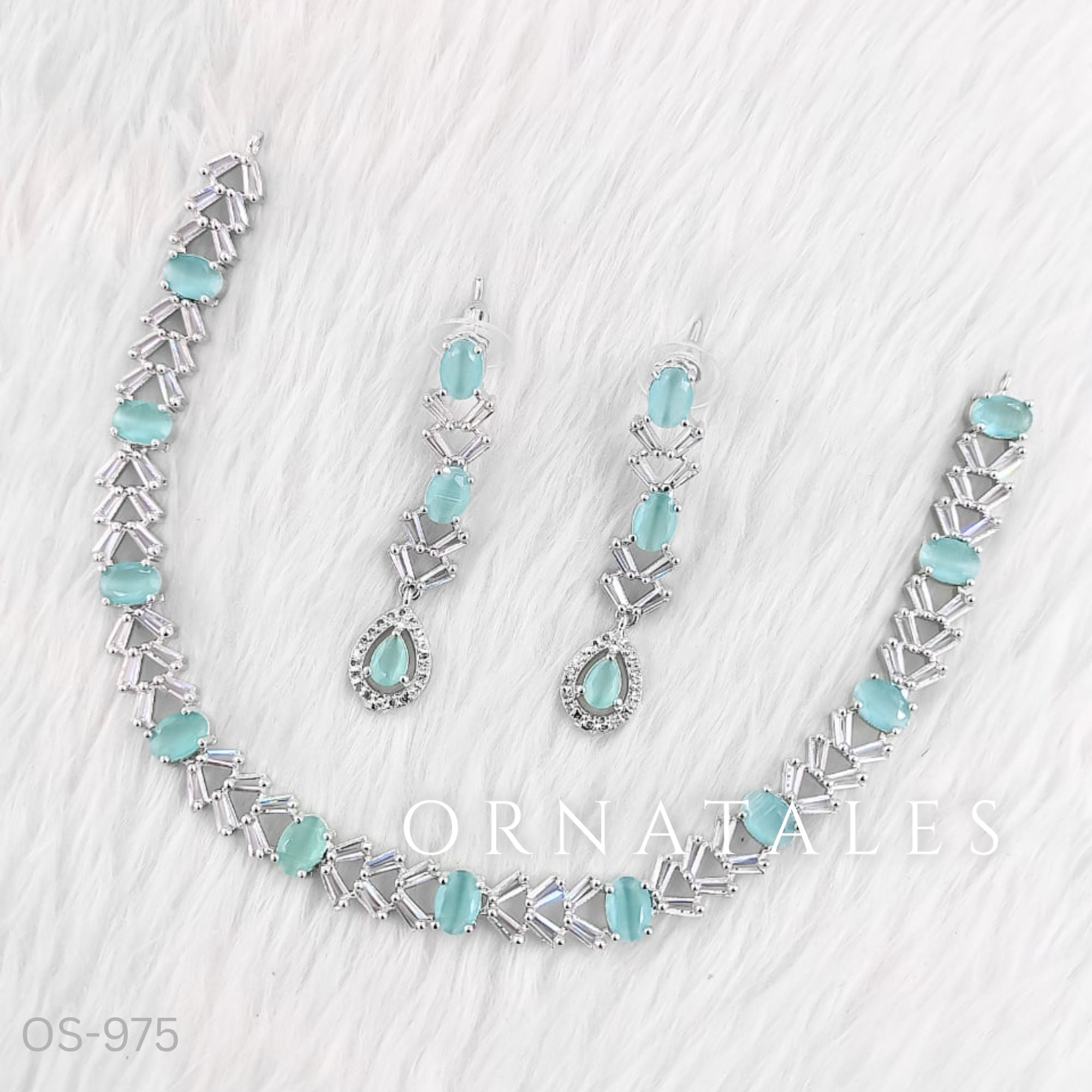 Mint Diamond Cut Necklace Set featuring Luxe Crosslink Oval design with X-shaped diamond links and oval mint stones – Bridal & Party Jewellery – Ornatales
