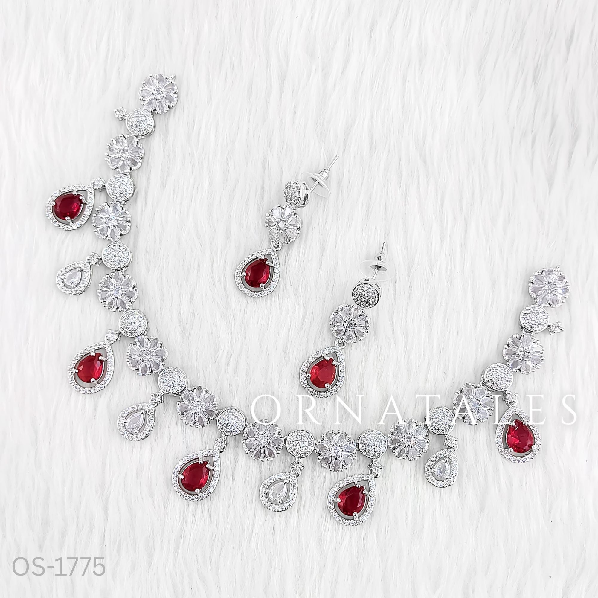 Ruby Red Diamond Cut Necklace Set featuring Royal Bloom Teardrop design with round and teardrop stones – Perfect for Bridal & Festive Look – Ornatales