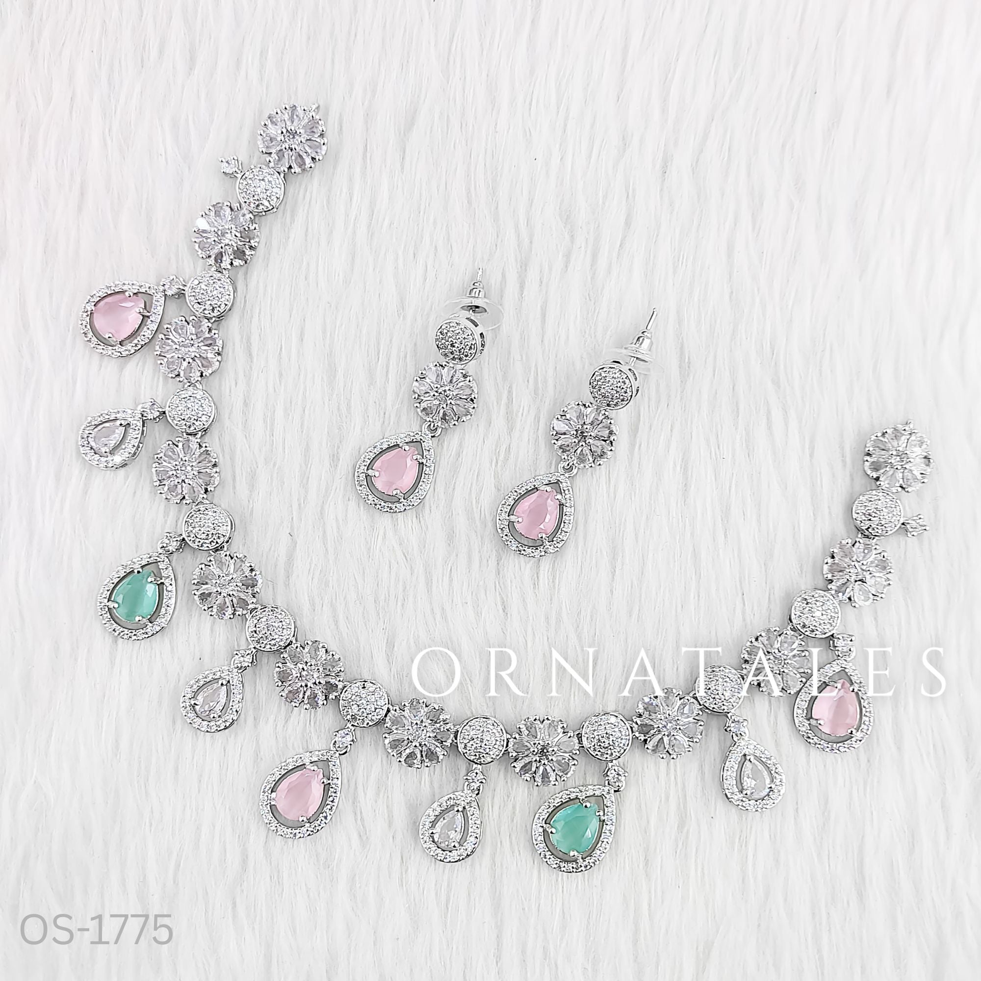 Pink & Mint Diamond Cut Necklace Set featuring Royal Bloom Teardrop design with round and teardrop stones – Perfect for Bridal & Festive Look – Ornatales