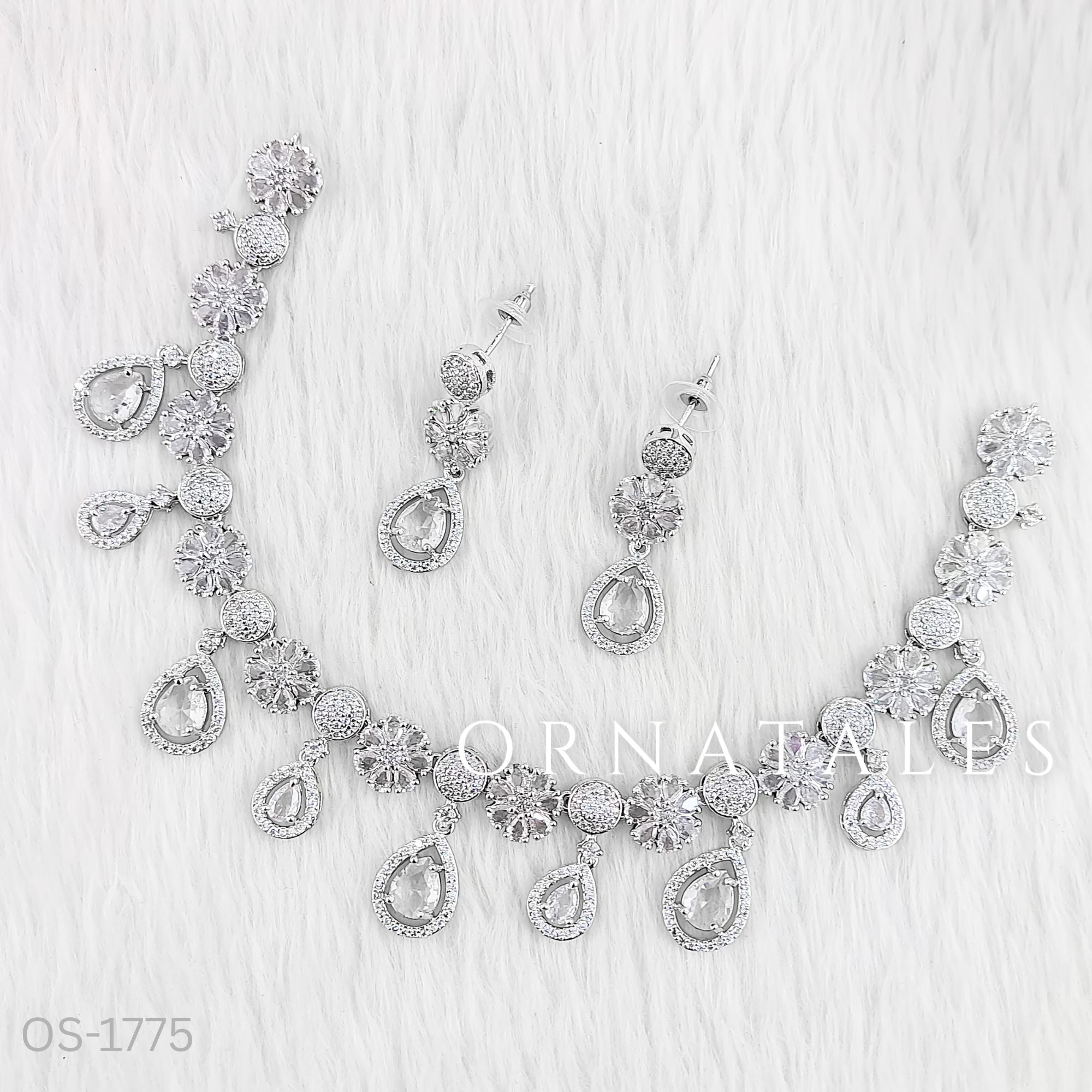 Crystal White Diamond Cut Necklace Set featuring Royal Bloom Teardrop design with round and teardrop stones – Perfect for Bridal & Festive Look – Ornatales