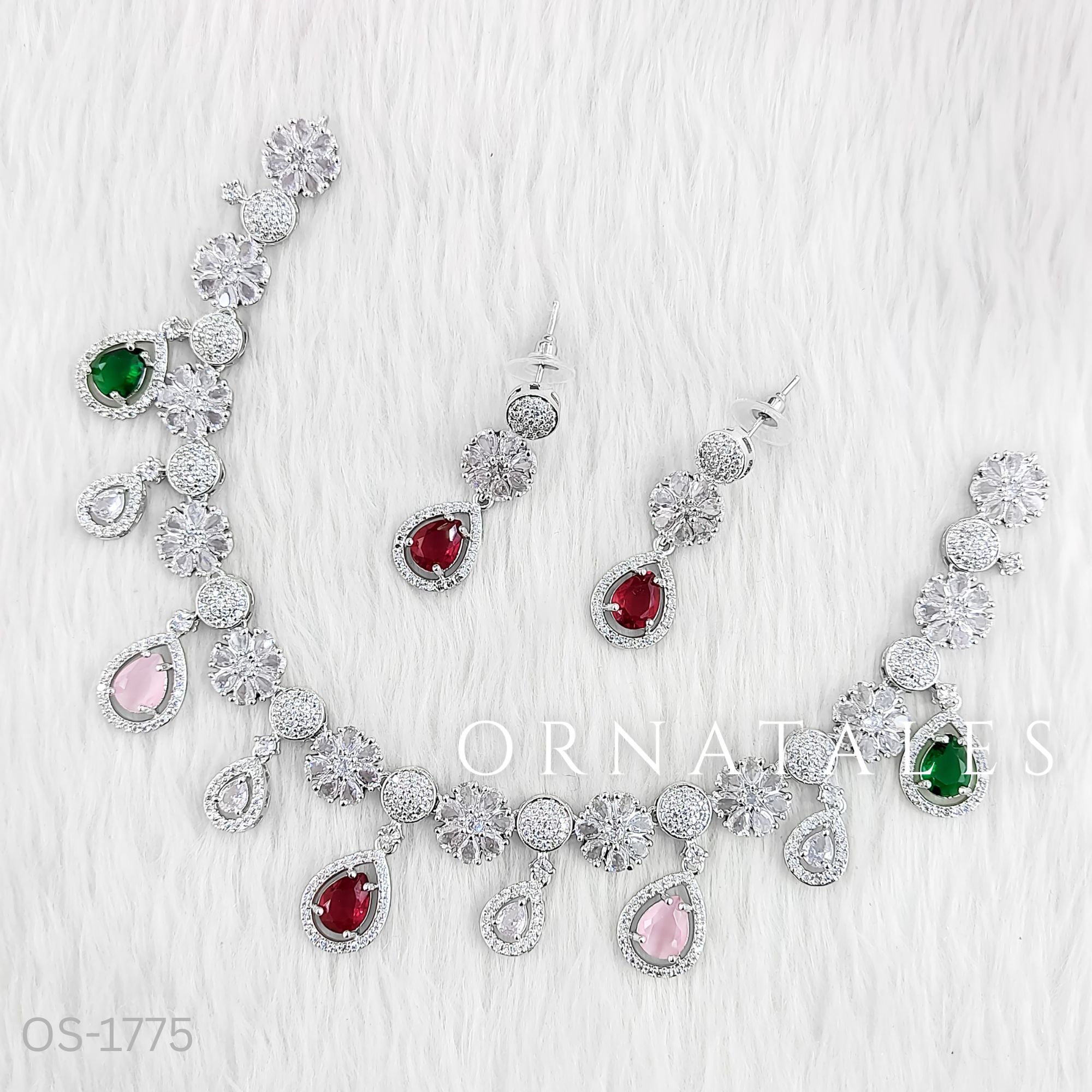 Multicolor Diamond Cut Necklace Set featuring Royal Bloom Teardrop design with round and teardrop stones – Perfect for Bridal & Festive Look – Ornatales