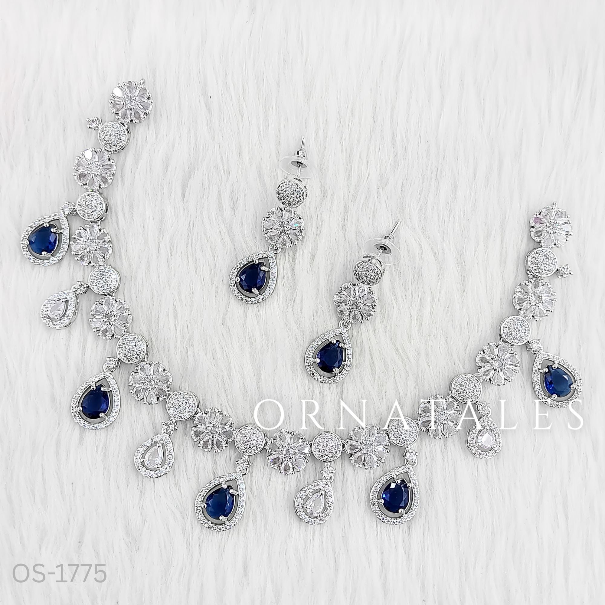 Royal Blue Diamond Cut Necklace Set featuring Royal Bloom Teardrop design with round and teardrop stones – Perfect for Bridal & Festive Look – Ornatales