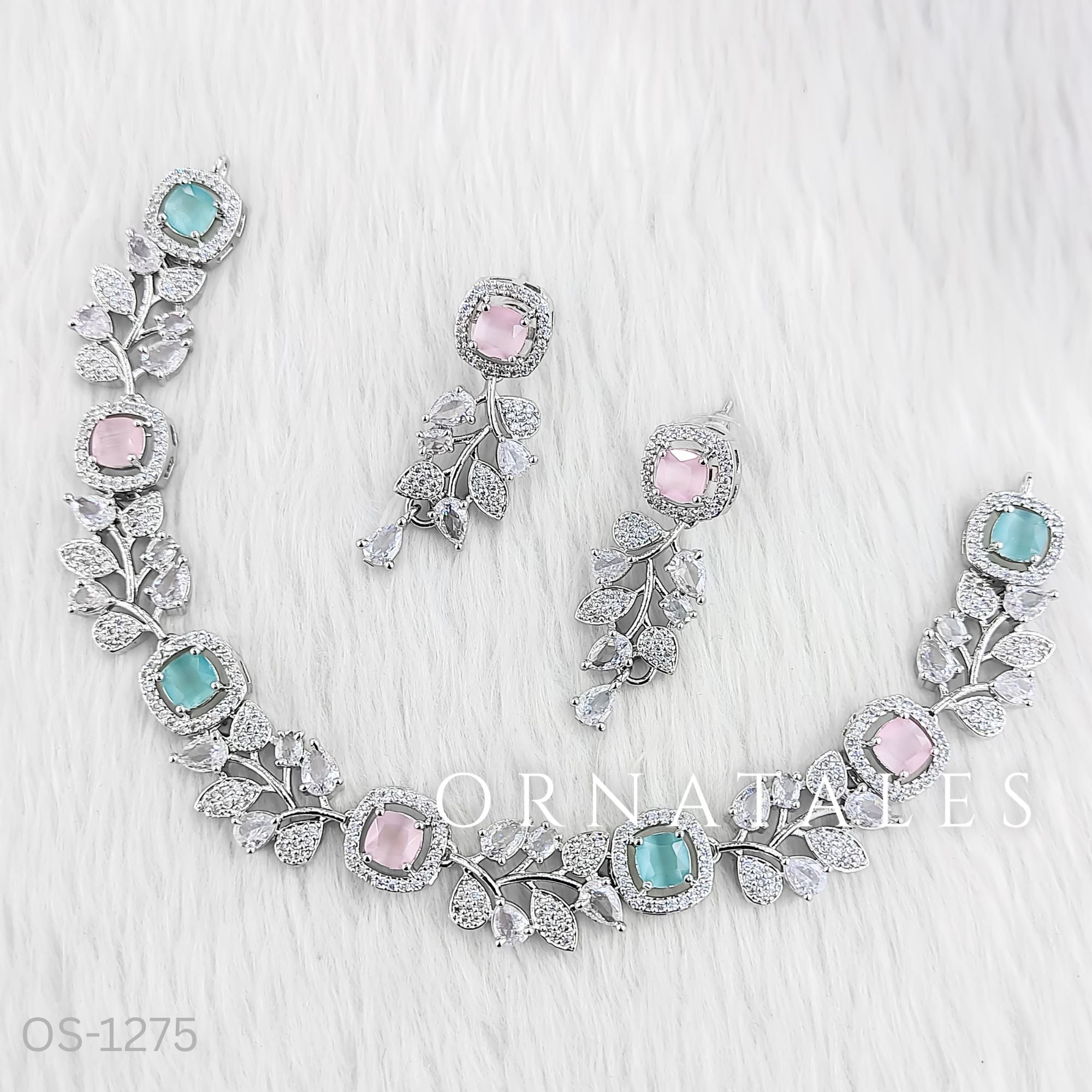 Pink & Mint Diamond Cut Necklace Set featuring Majestic Flora Square design with floral vines and square-cut stones – Ornatales