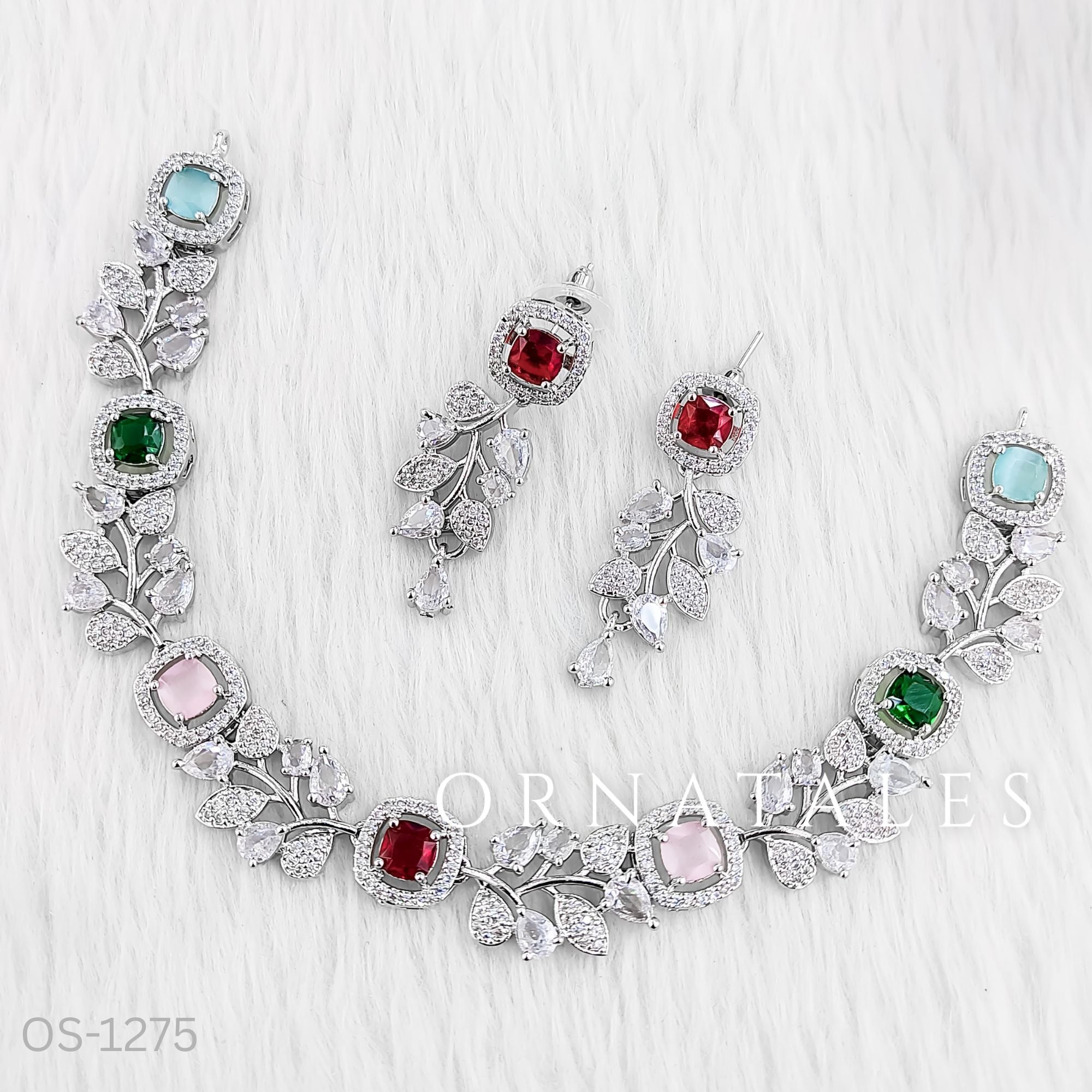 Majestic Flora Square multicolor diamond cut necklace set with floral vine motifs and square-cut stones – Ornatales