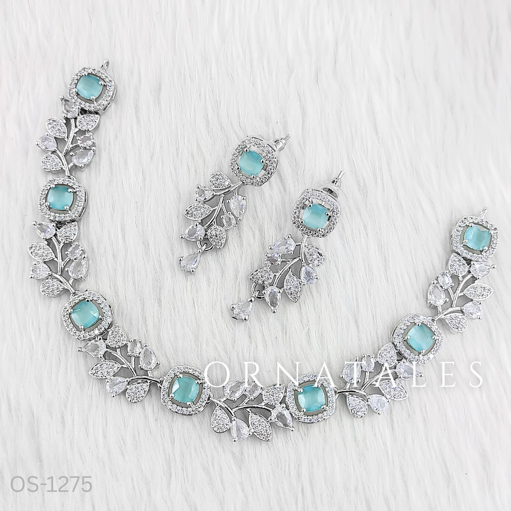 Mint Diamond Cut Necklace Set featuring Majestic Flora Square design with floral vine pattern and square-cut stones – Perfect for bridal look – Ornatales