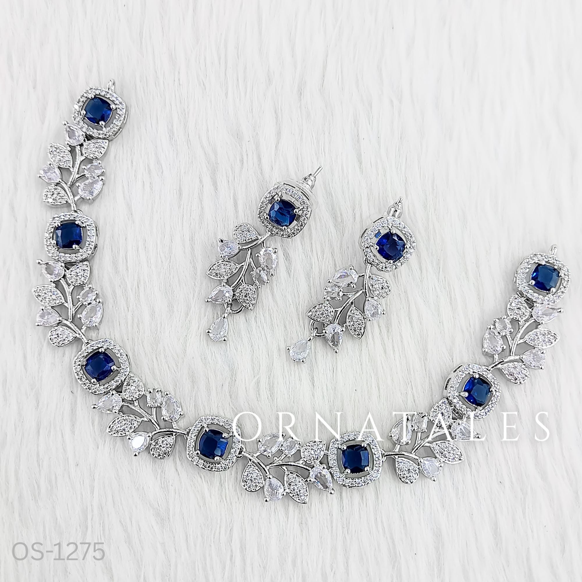 Royal Blue Diamond Cut Necklace Set featuring Majestic Flora Square floral vine design with square-cut stones – Perfect for bridal wear – Ornatales