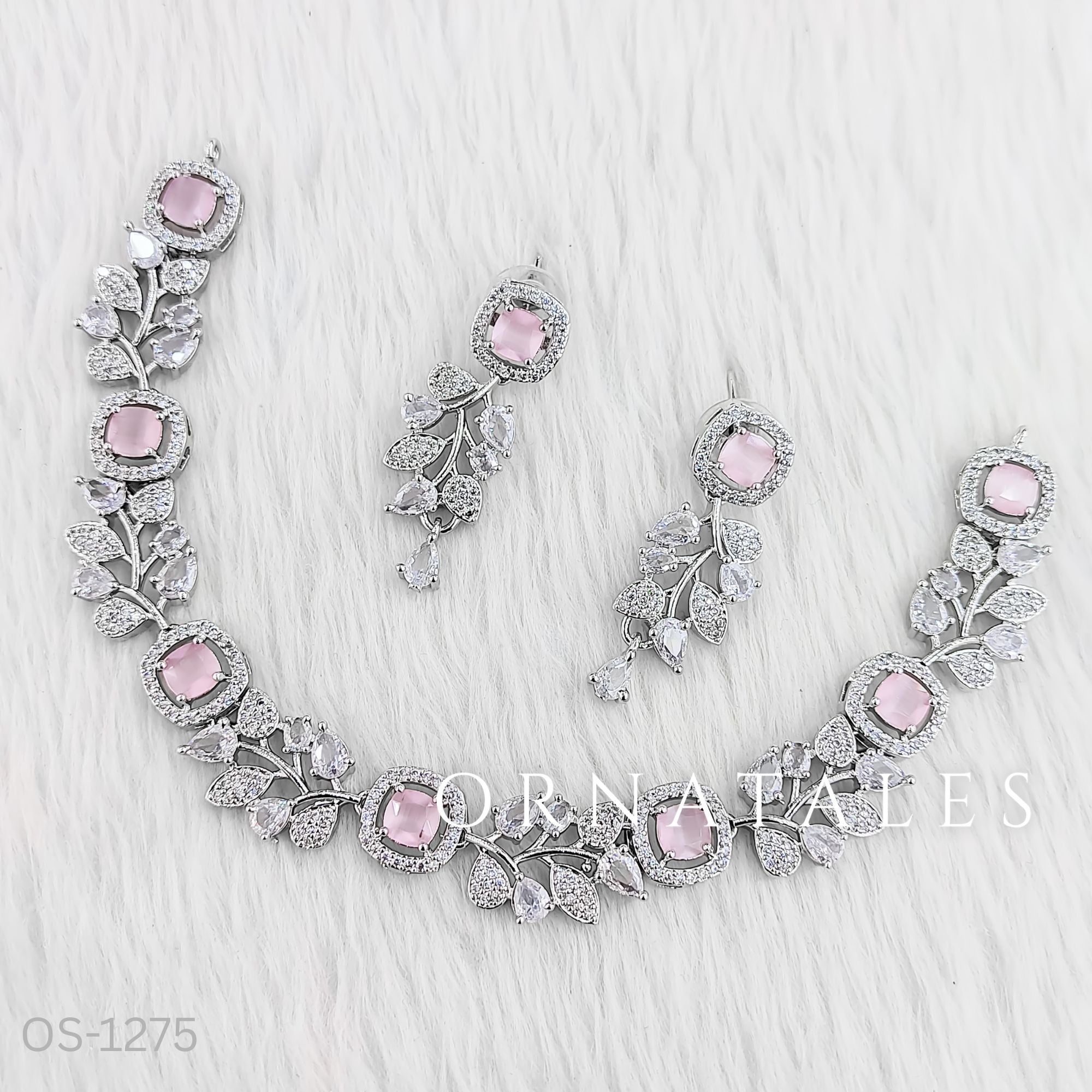 Pink Diamond Cut Necklace Set featuring Majestic Flora Square floral vine design with square-cut stones – Perfect for bridal wear – Ornatales